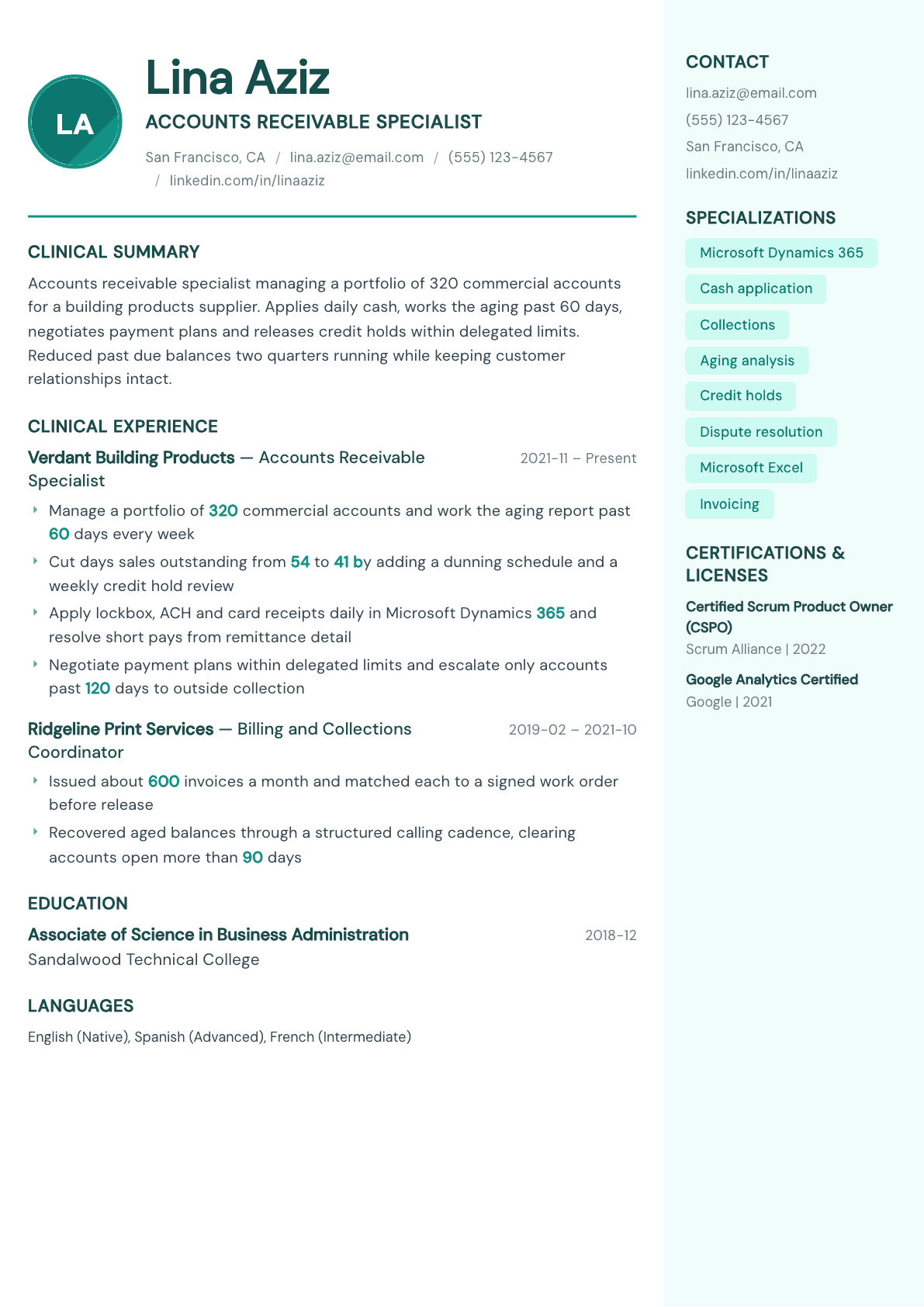 Accounts Receivable Specialist resume example, Remedy template