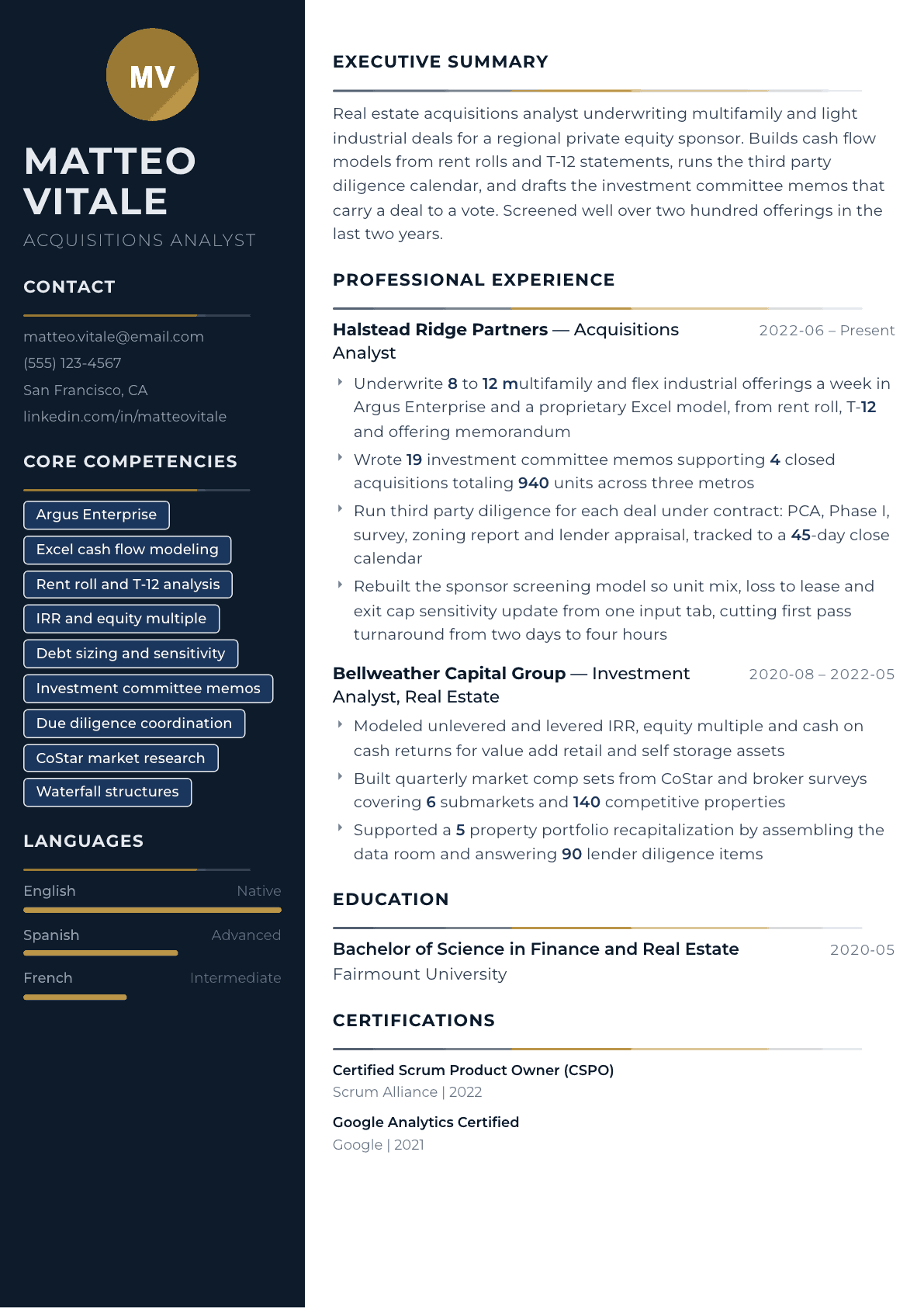 Acquisitions Analyst resume example, Catalyst template