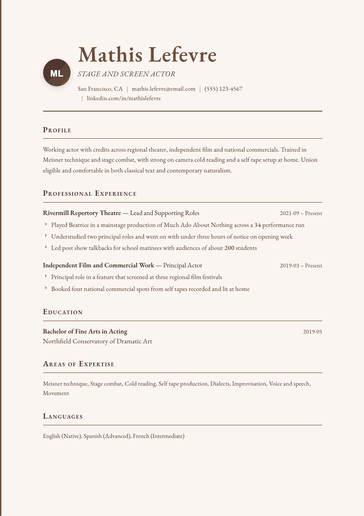 Actor resume example, Vintage template