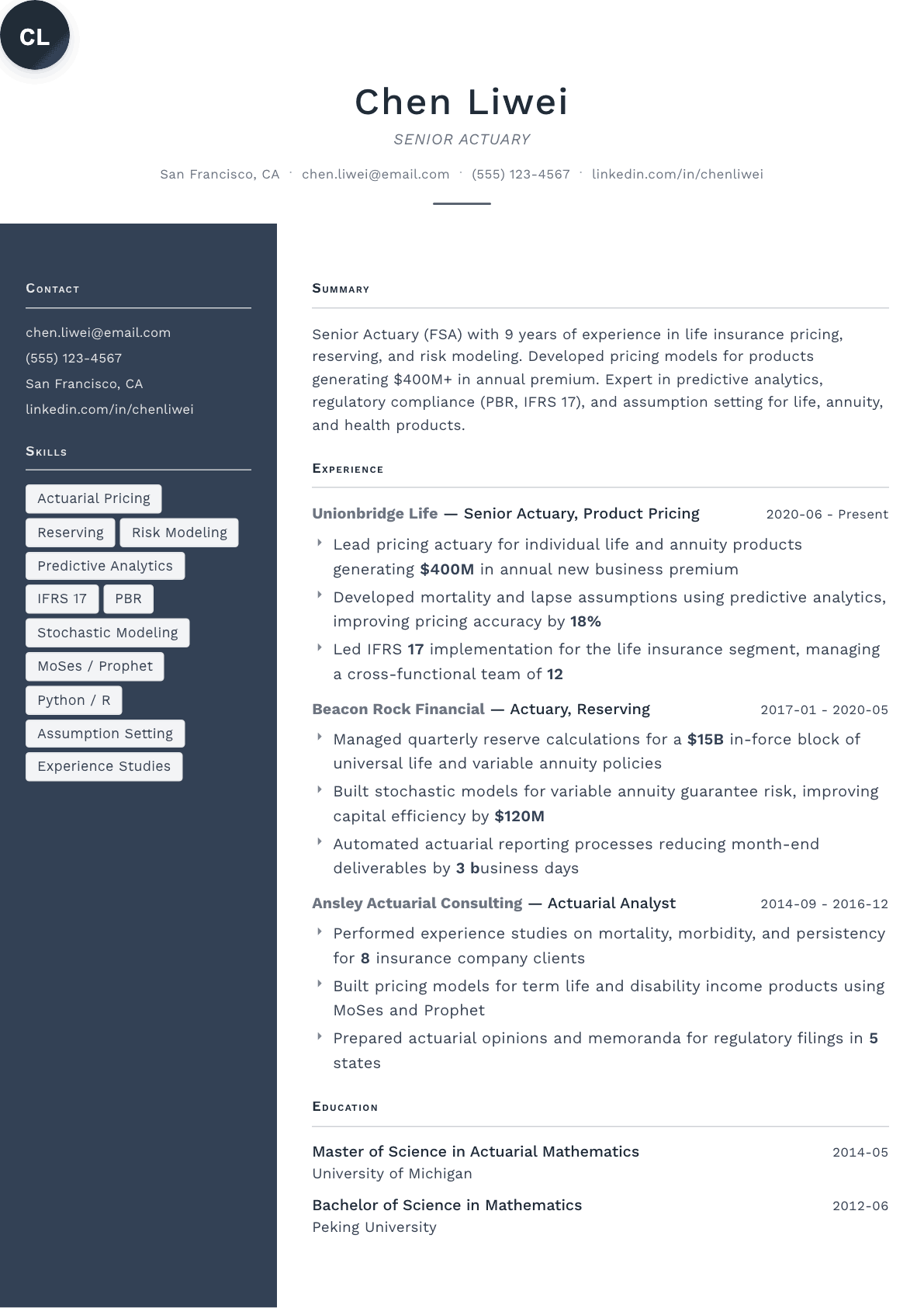 Actuary resume example, Fold template