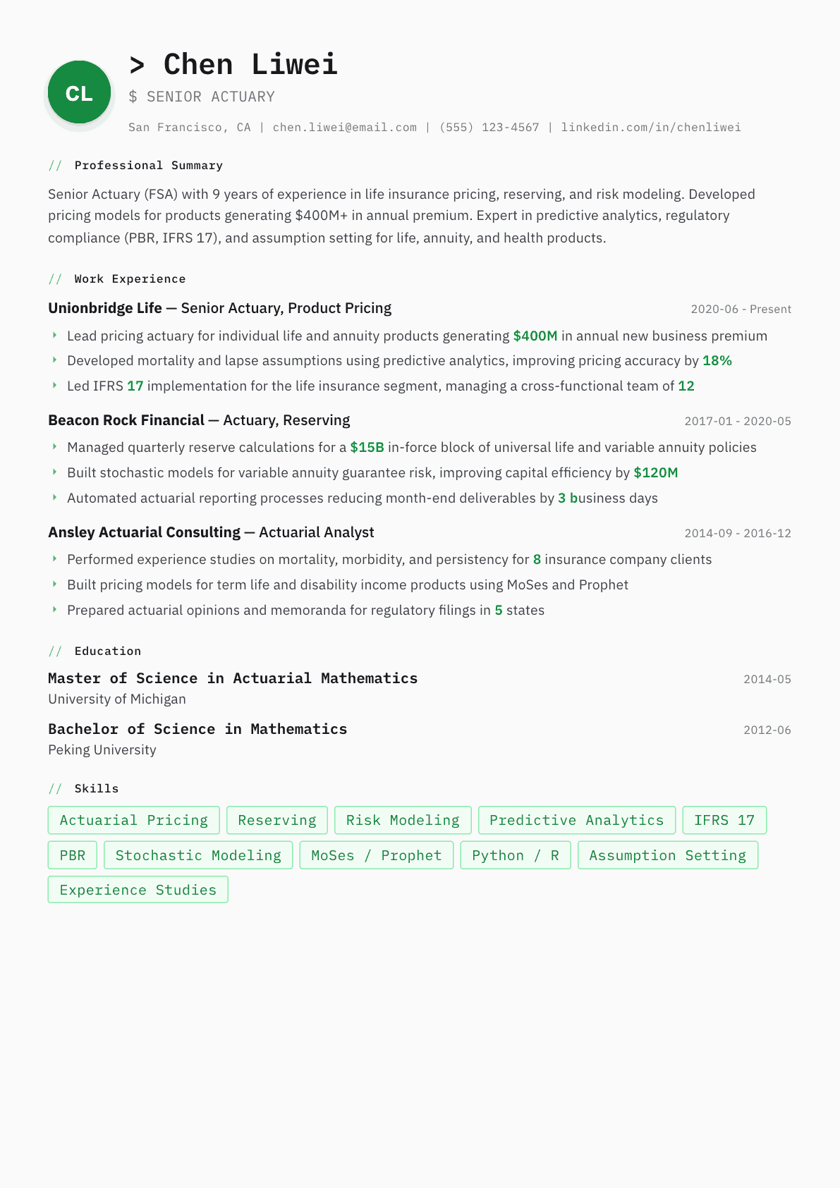 Actuary resume example, Amsterdam template