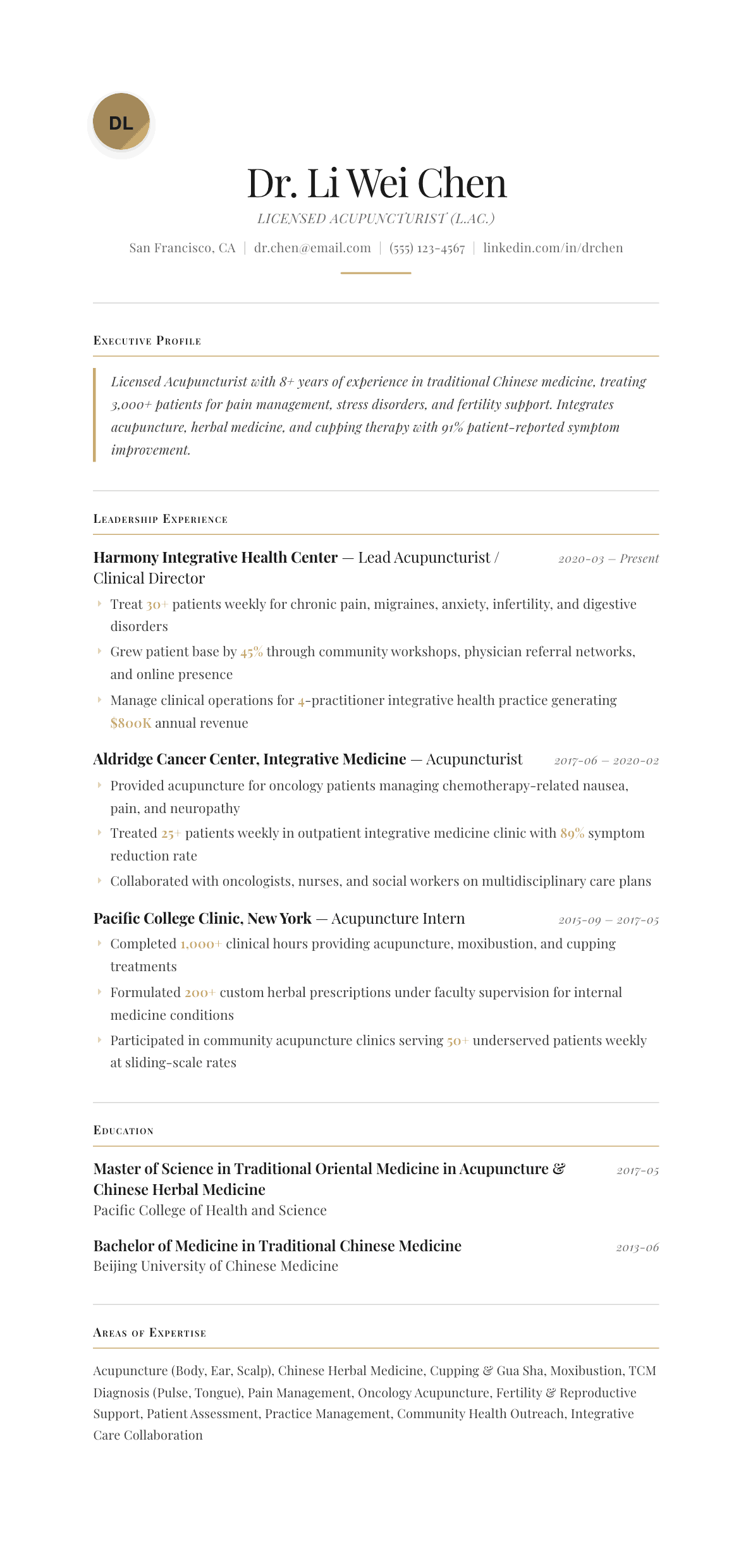 Acupuncturist resume example, Chancellor template