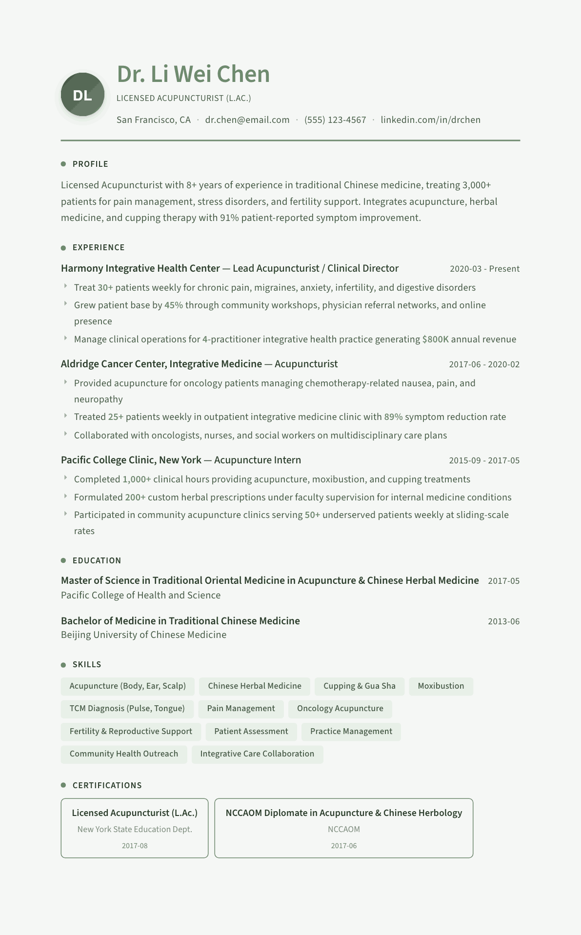 Acupuncturist resume example, Sage Garden template