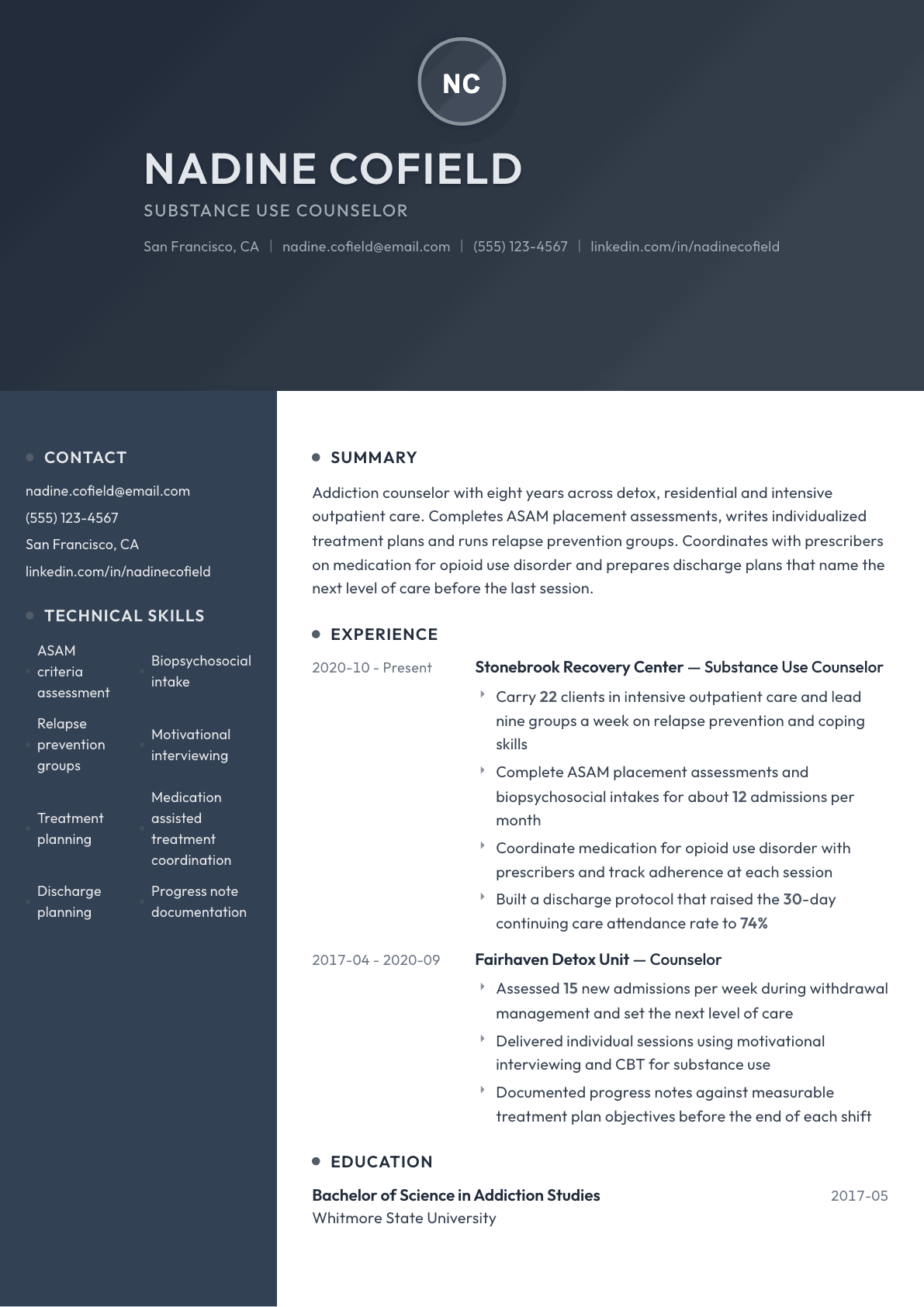 Addiction Counselor resume example, Binary template