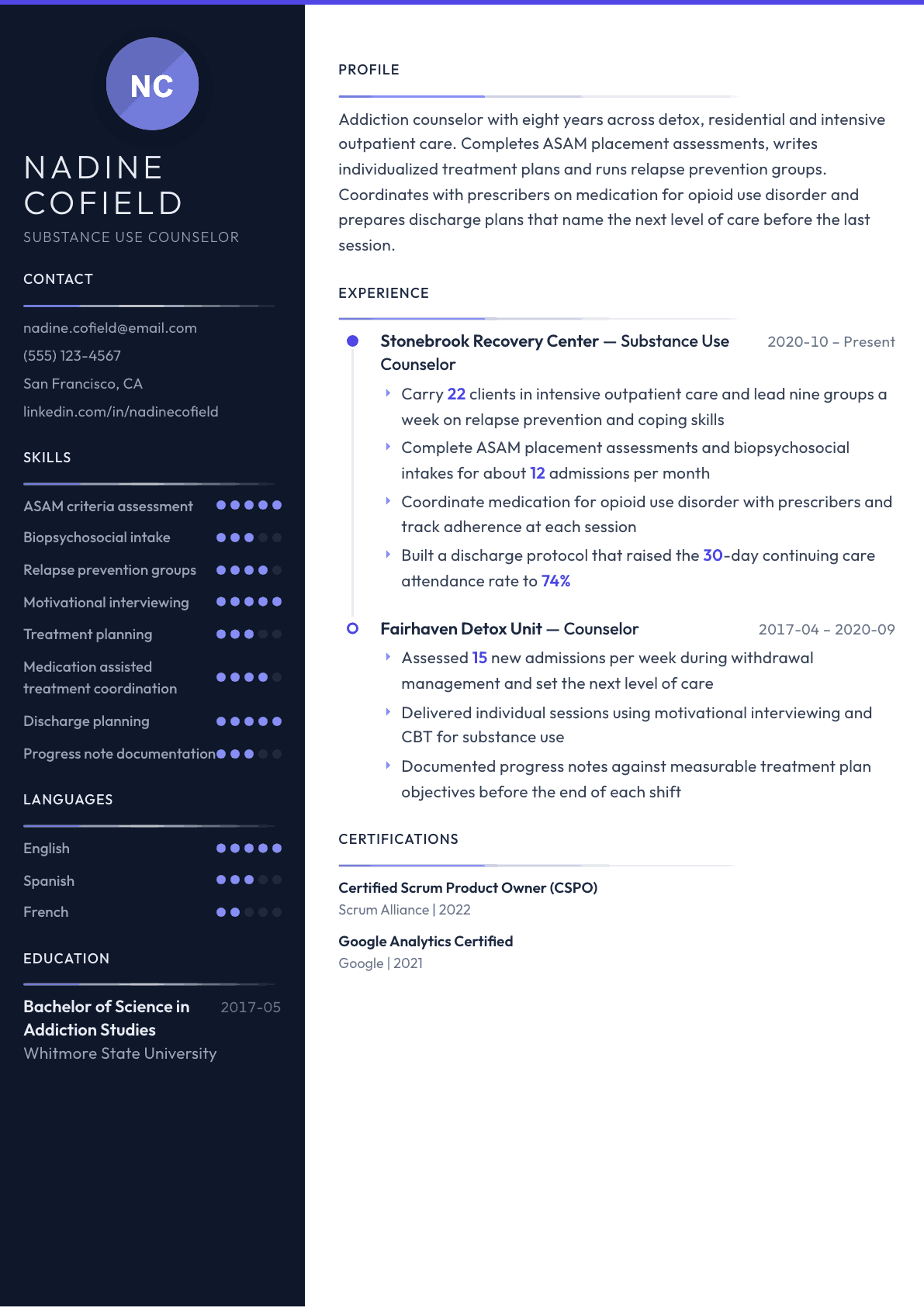 Addiction Counselor resume example, Zenith template
