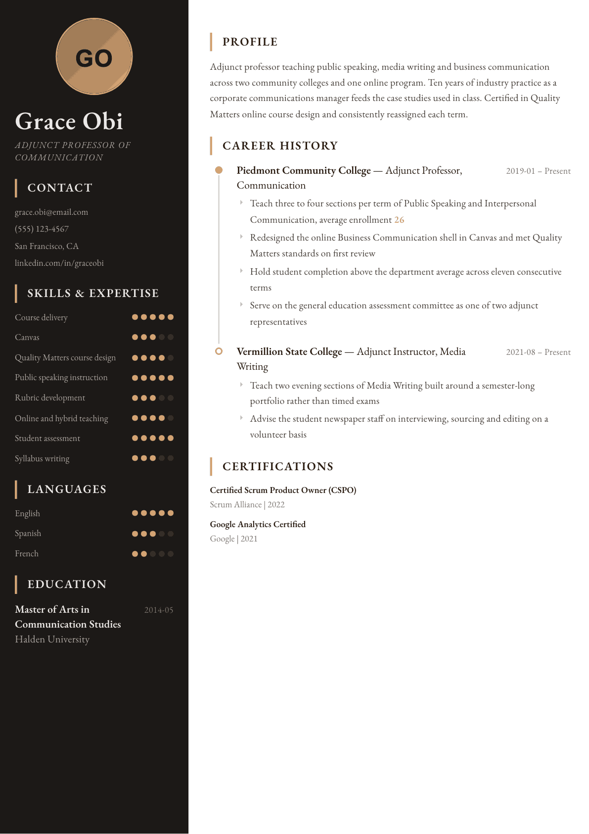 Adjunct Professor resume example, Heritage template