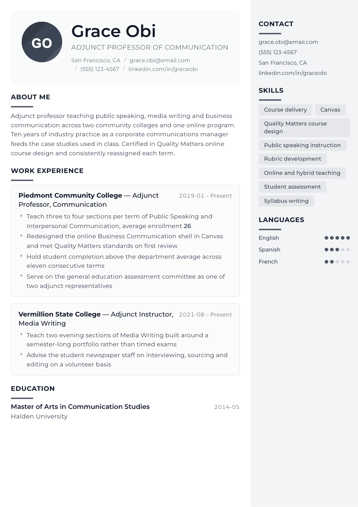 Adjunct Professor resume example, Metropolitan template