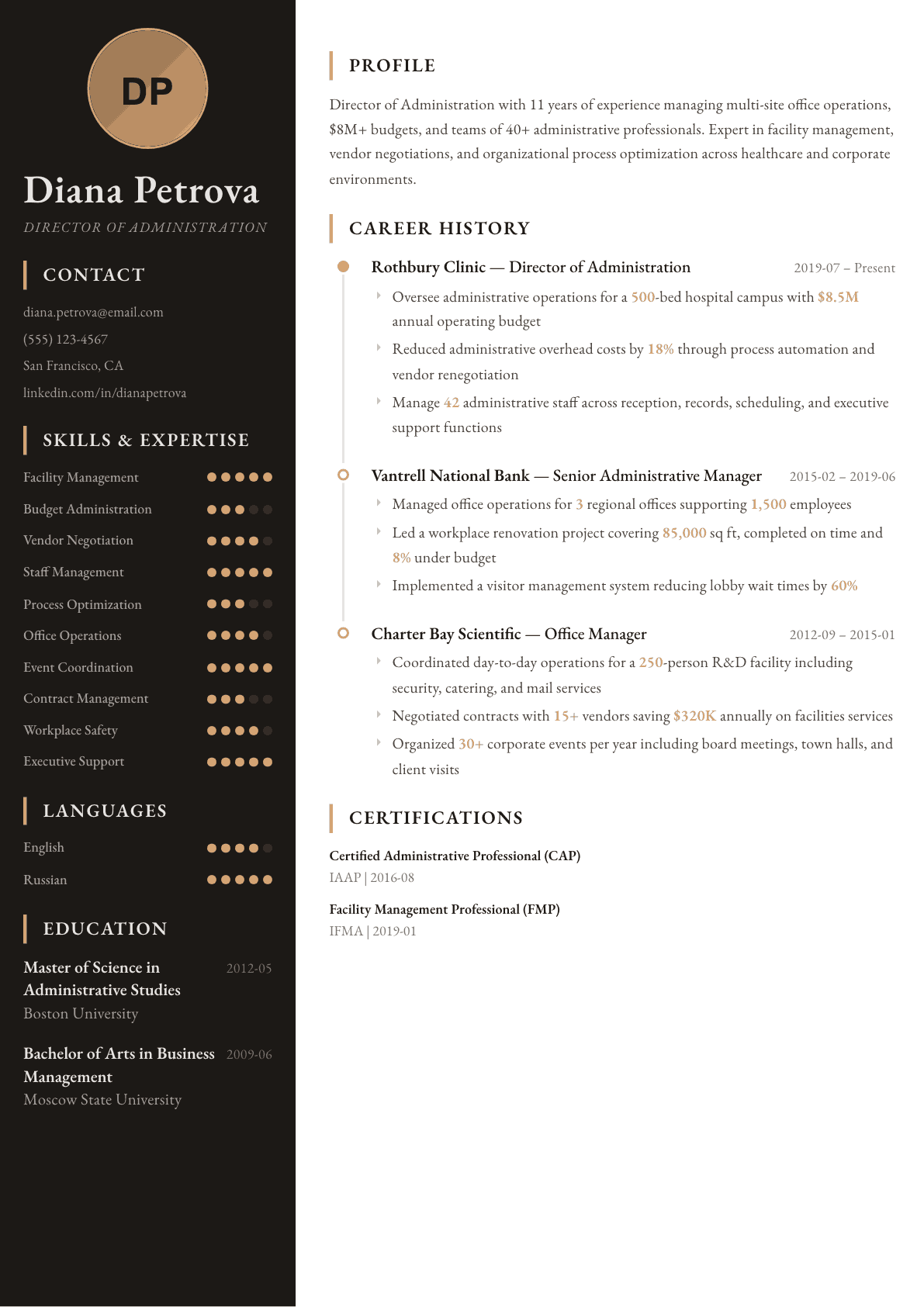 Administrative Director resume example, Heritage template
