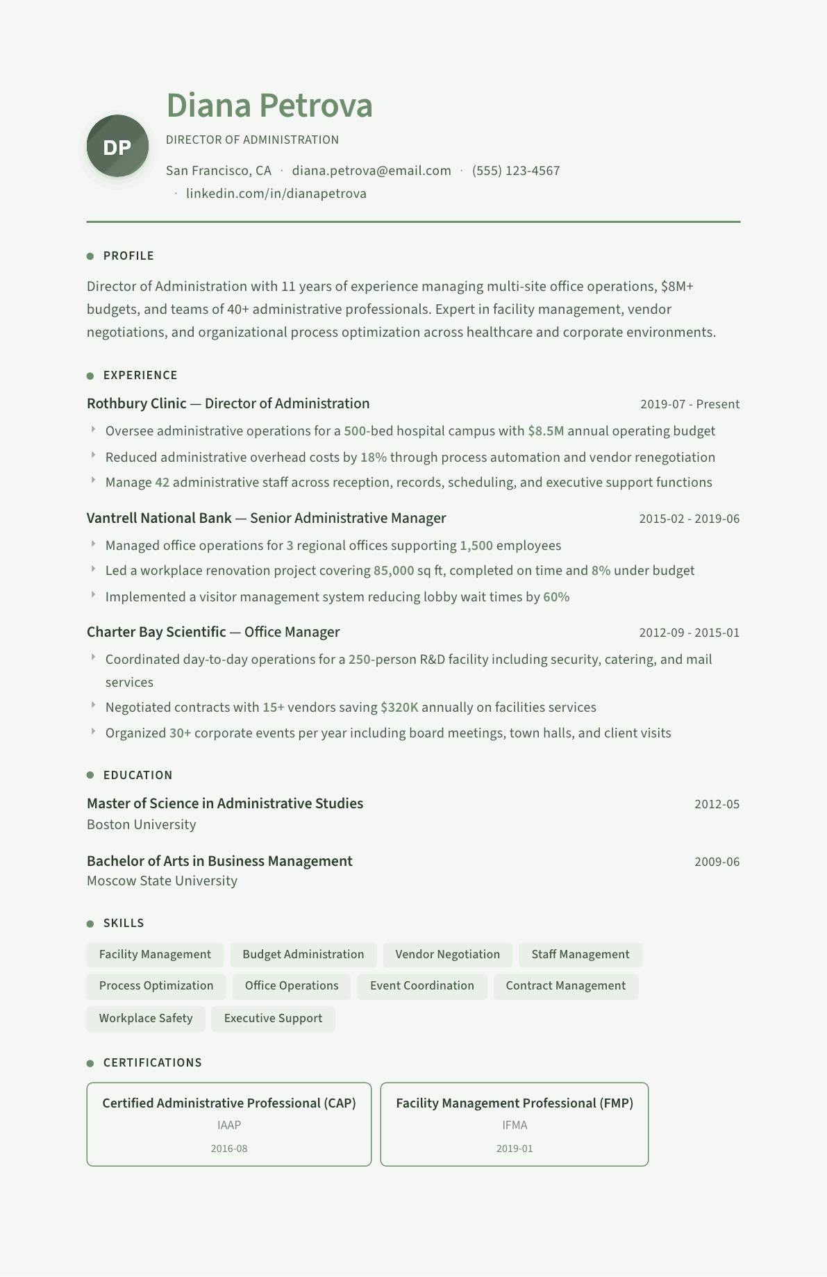 Administrative Director resume example, Sage Garden template