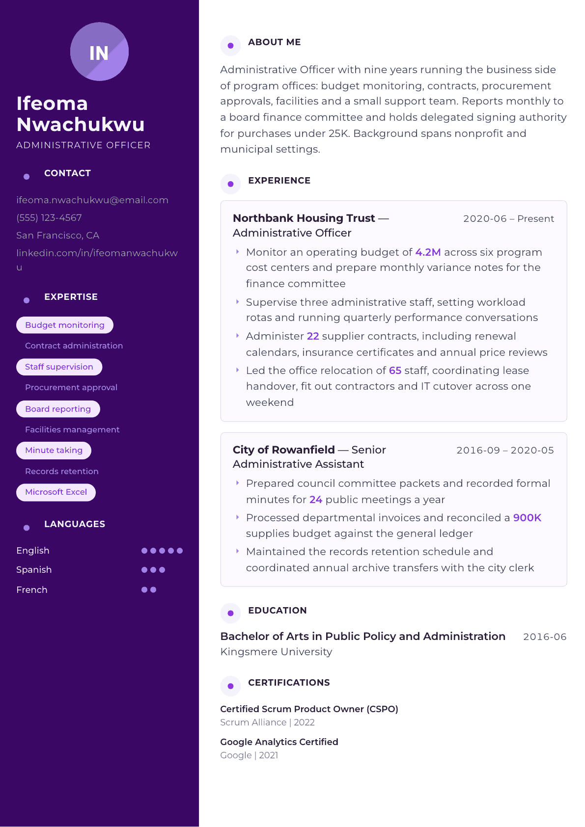 Administrative Officer resume example, Palette template