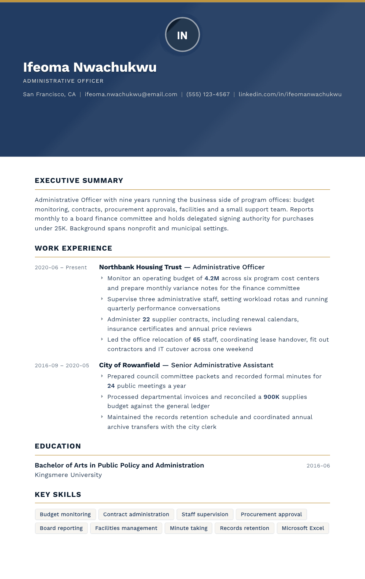 Administrative Officer resume example, Sovereign template