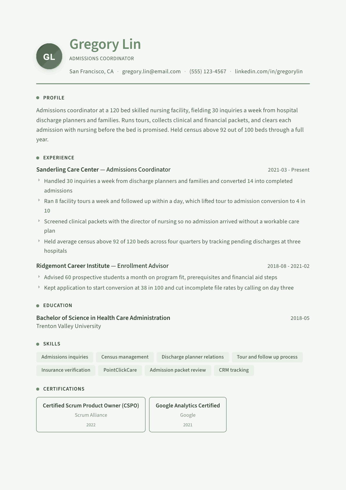 Admissions Coordinator resume example, Sage Garden template