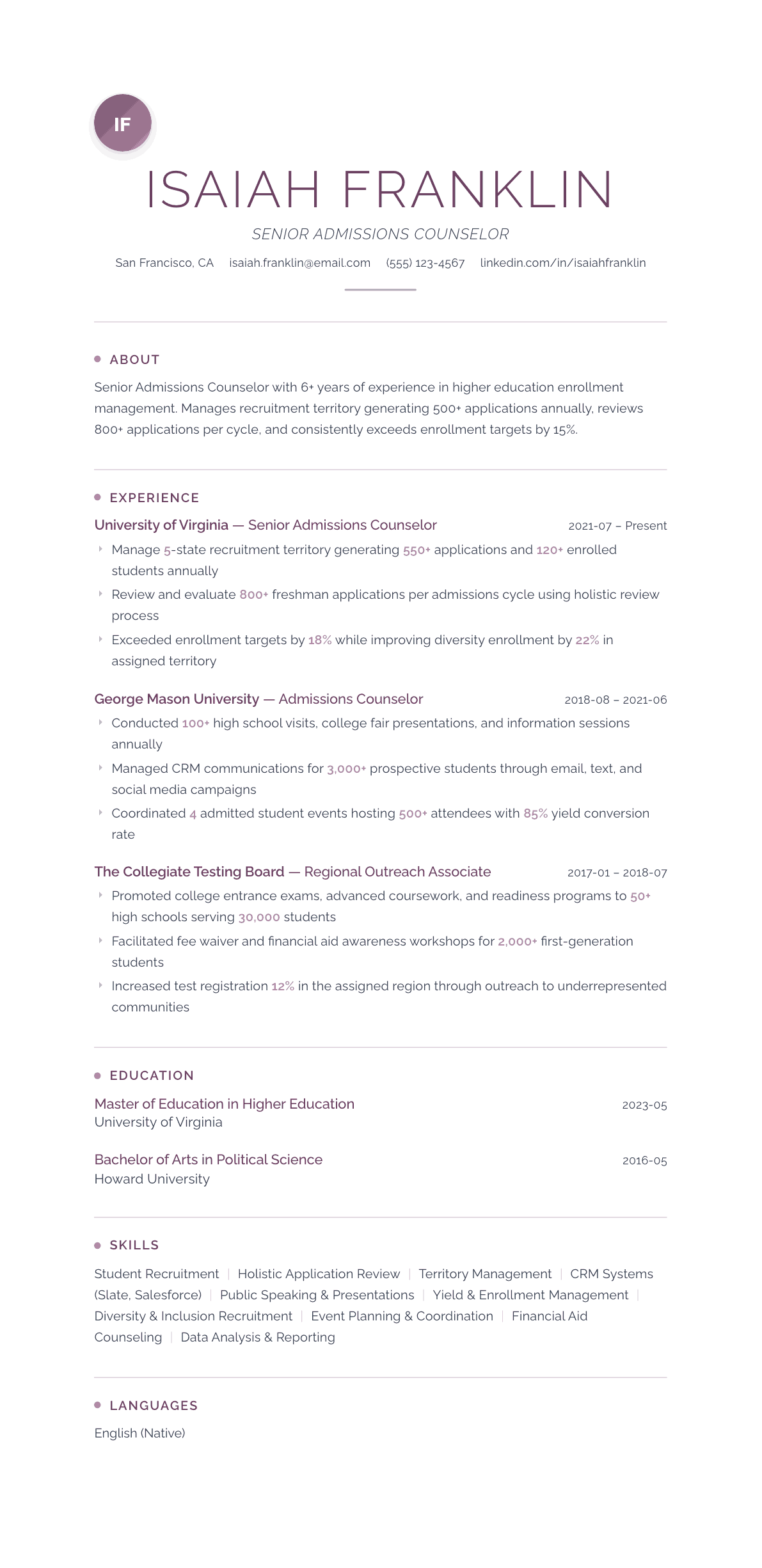 Admissions Counselor resume example, Serenity template