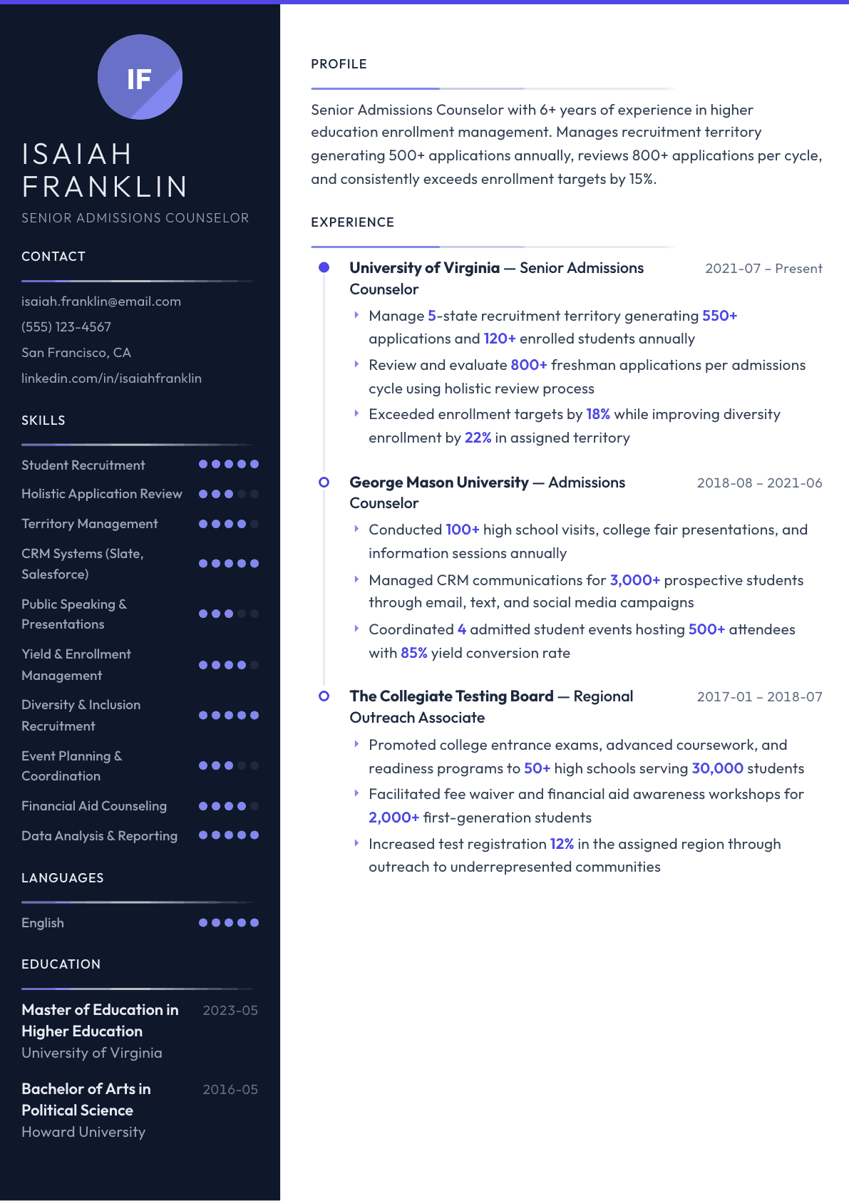 Admissions Counselor resume example, Zenith template