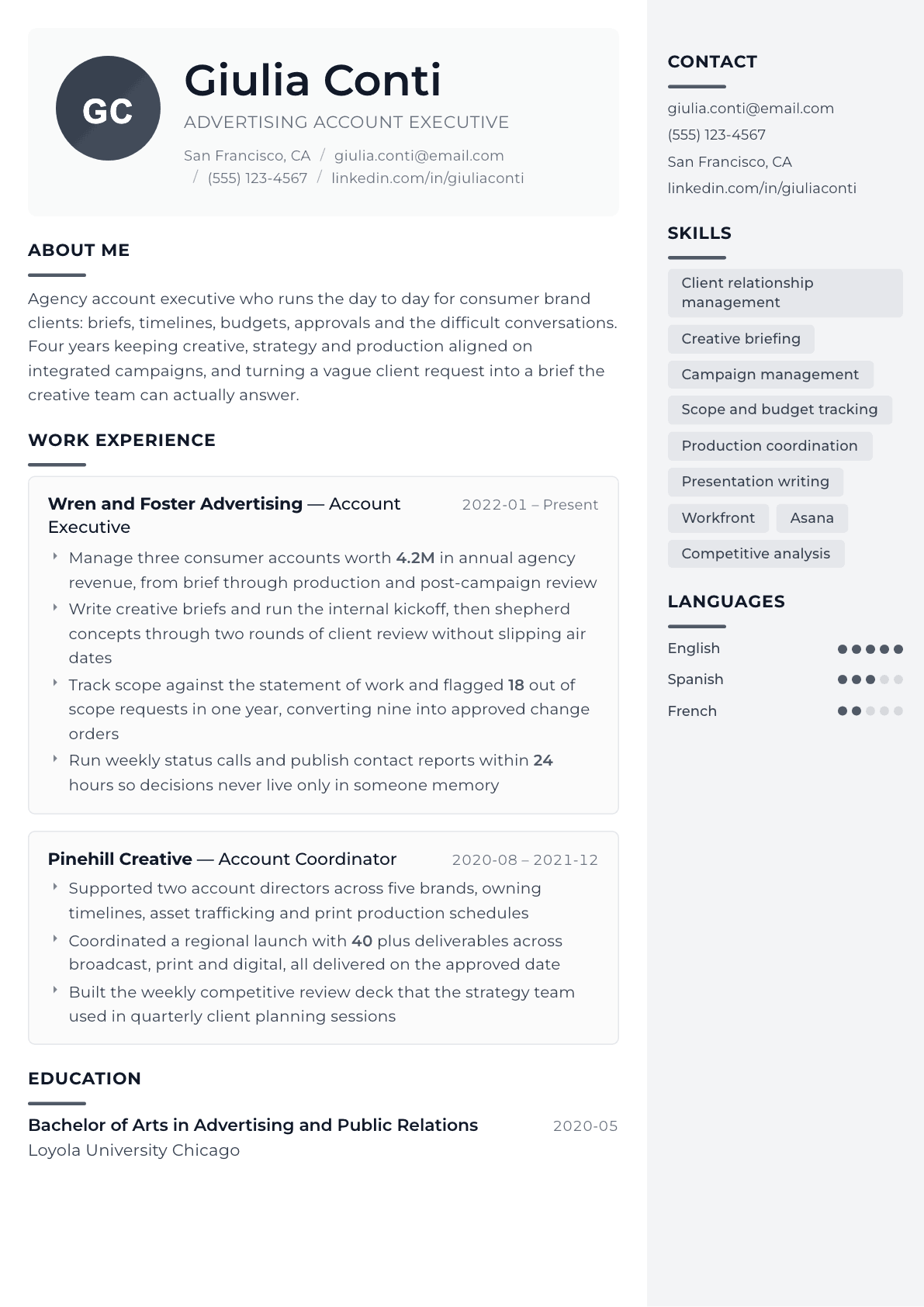 Advertising Account Executive resume example, Metropolitan template