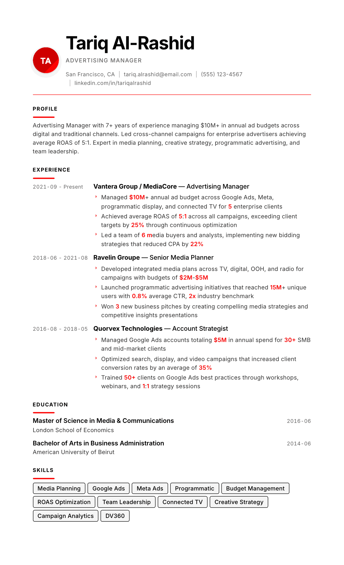 Advertising Manager resume example, Swiss Modernist template