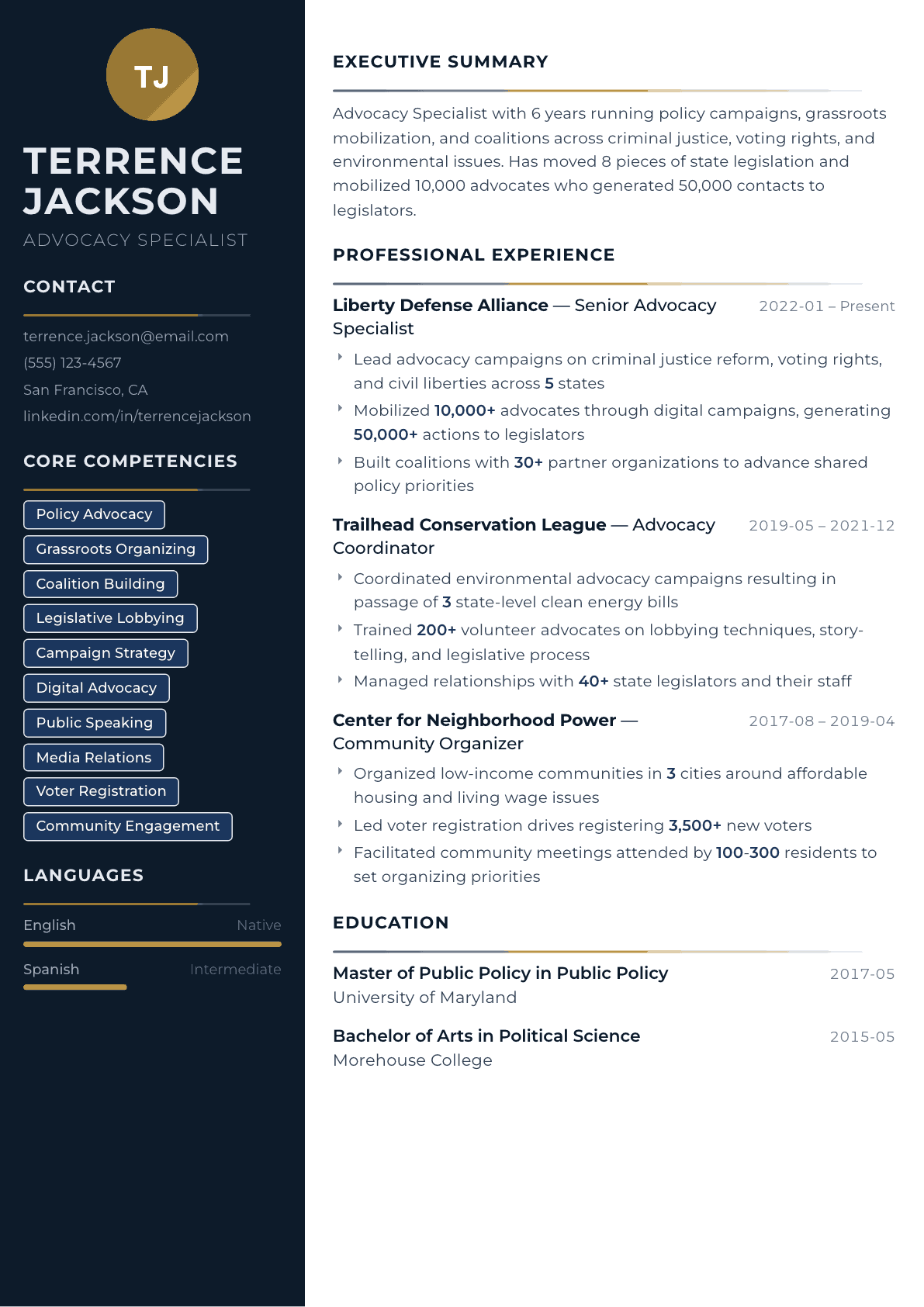 Advocacy Specialist resume example, Catalyst template