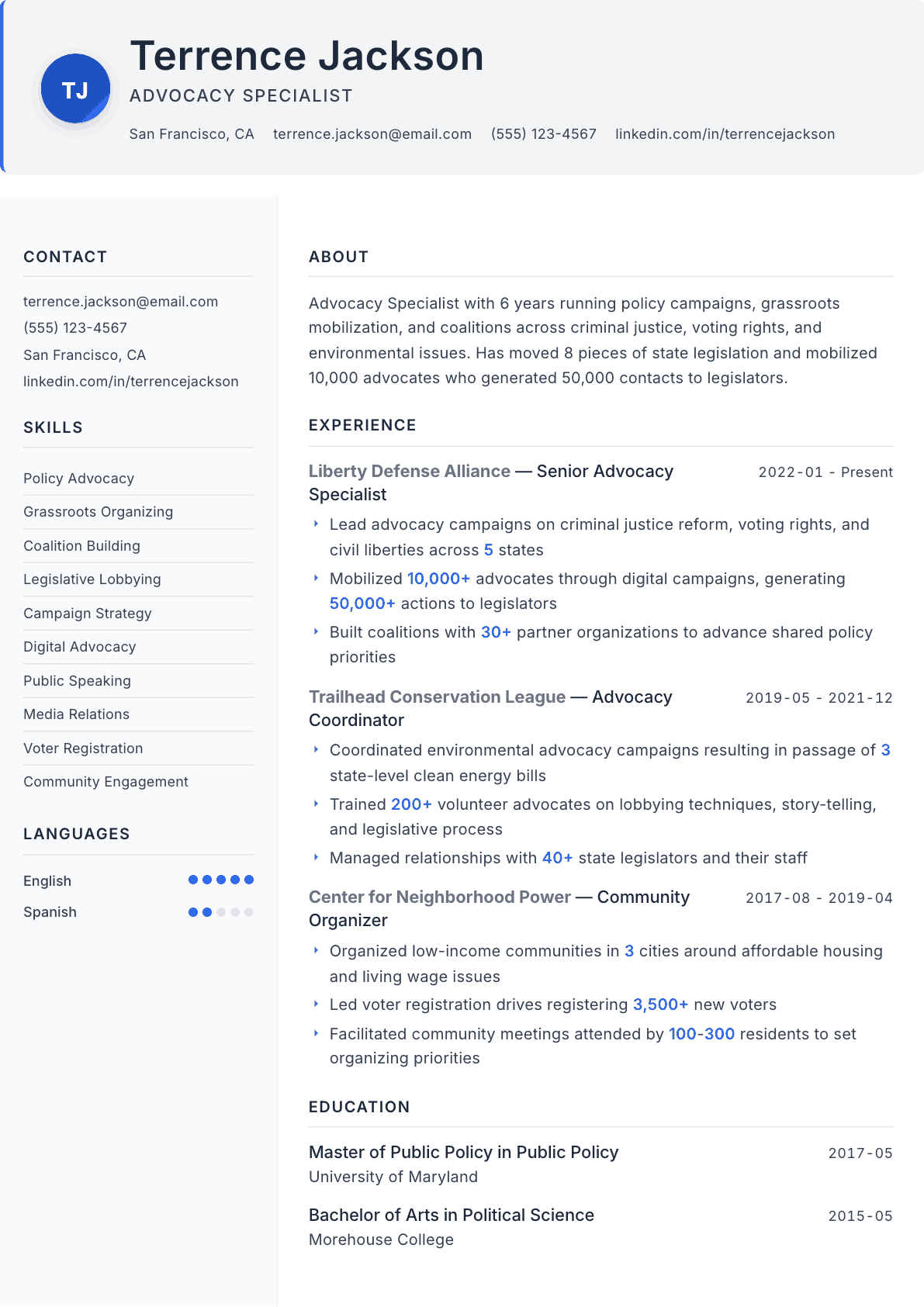 Advocacy Specialist resume example, Paper template
