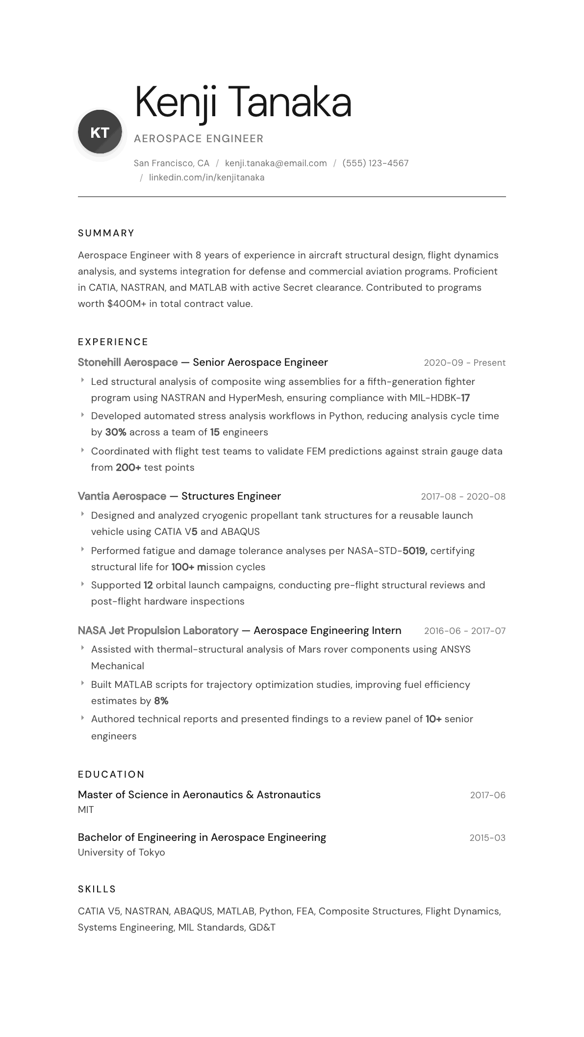 Aerospace Engineer resume example, Whisper template