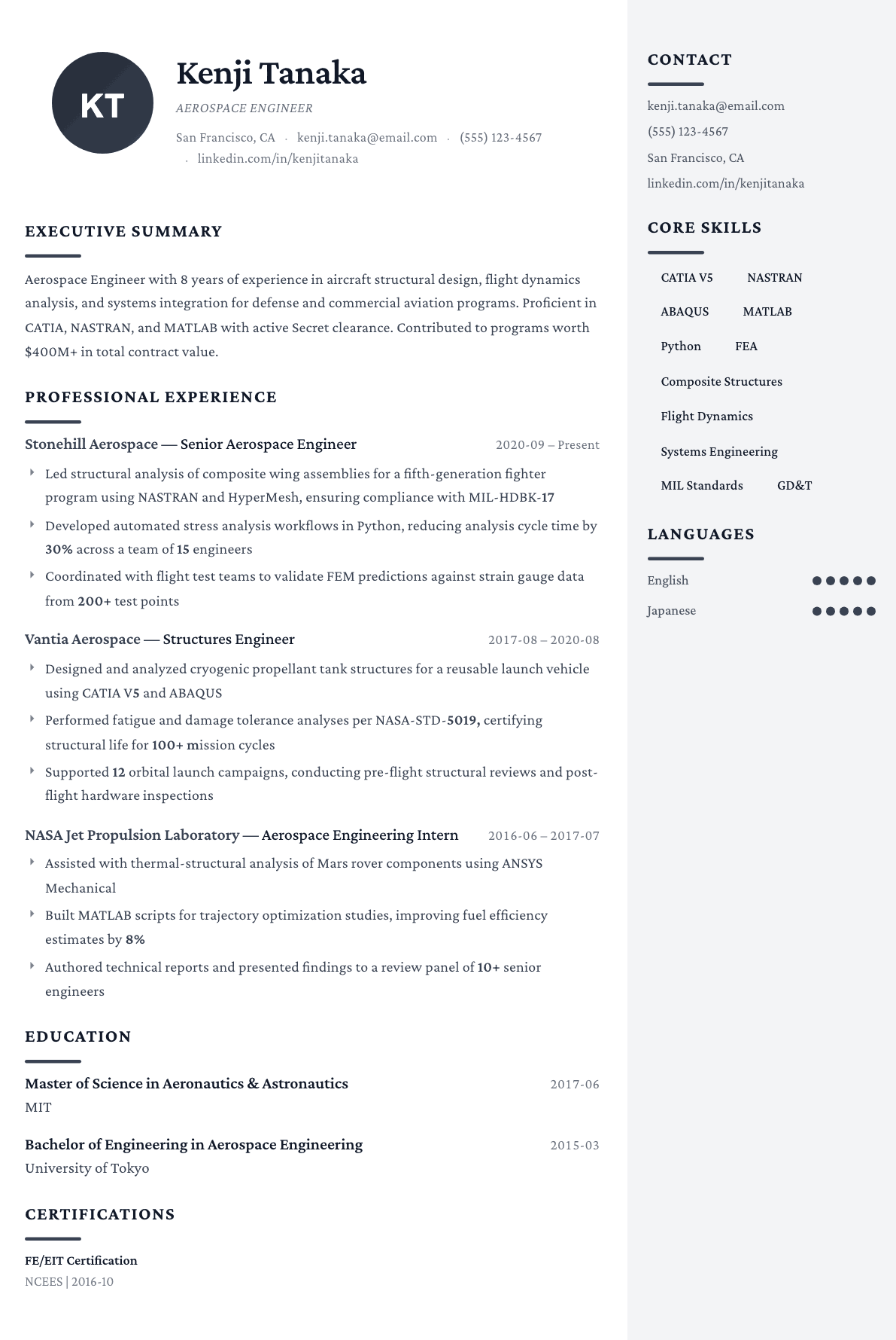 Aerospace Engineer resume example, Monarch template