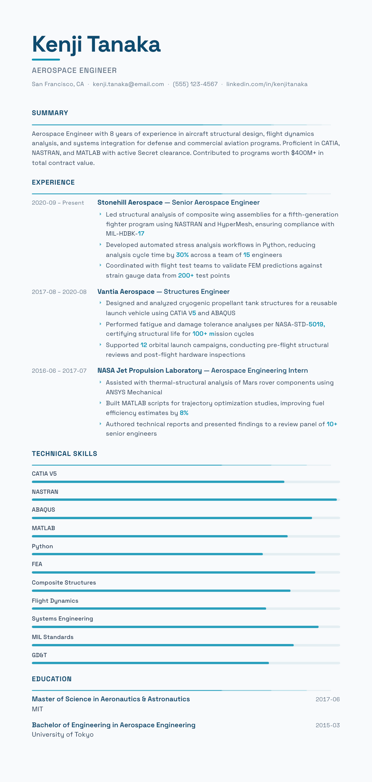 Aerospace Engineer resume example, Velocity template