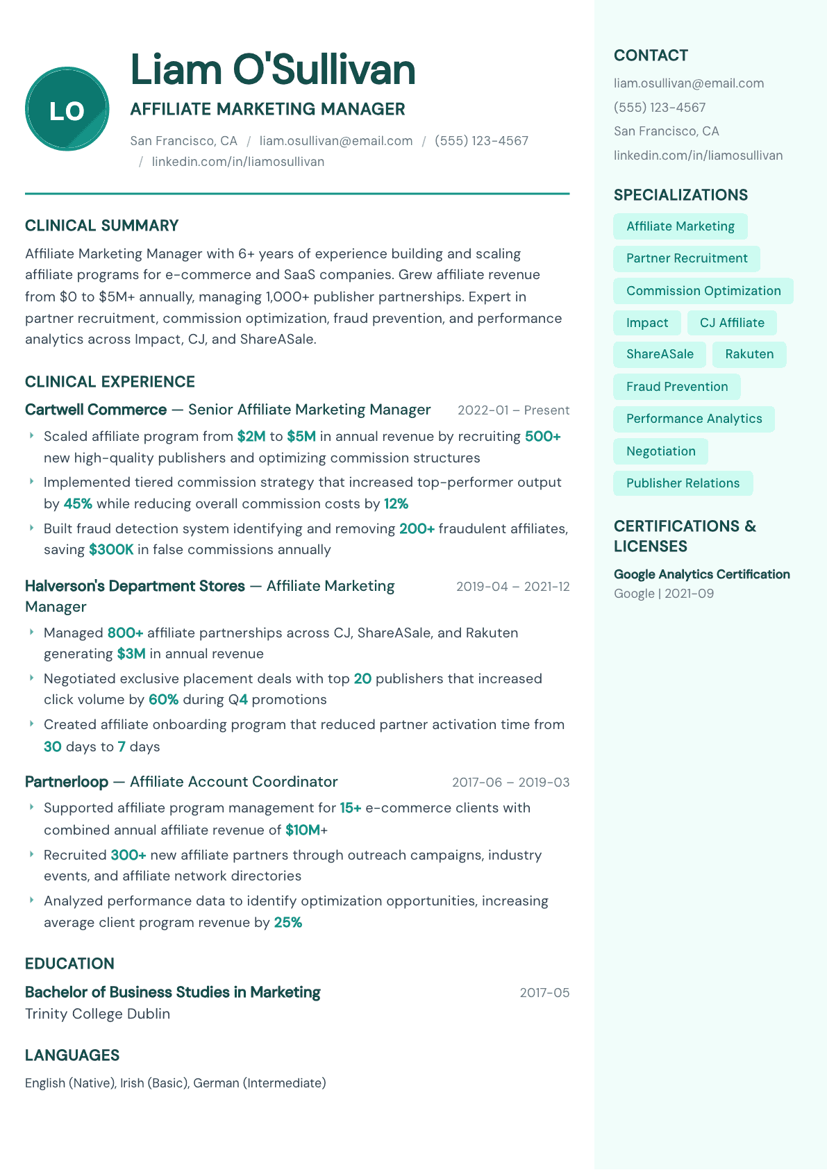 Affiliate Marketing Manager resume example, Remedy template