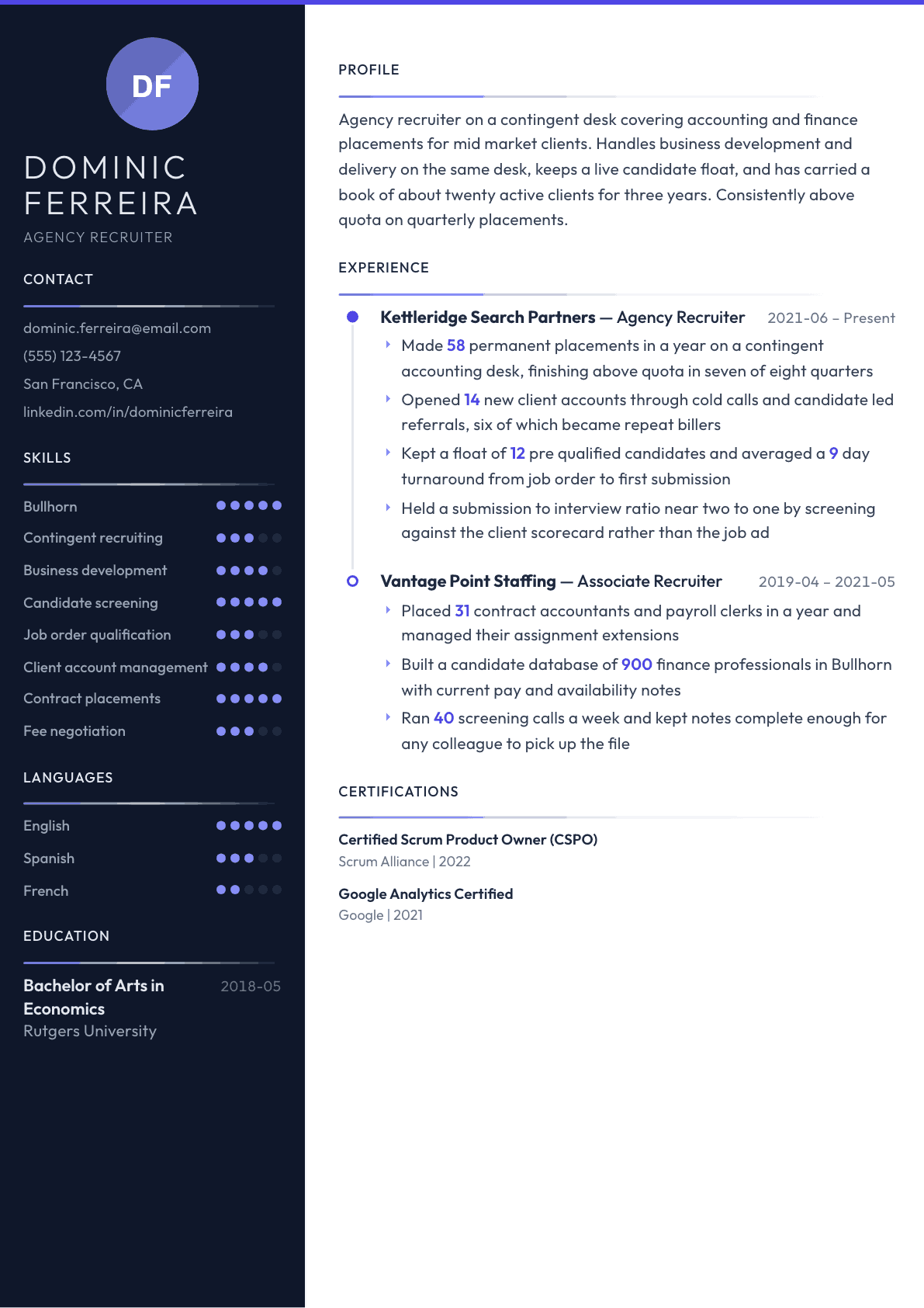 Agency Recruiter resume example, Zenith template