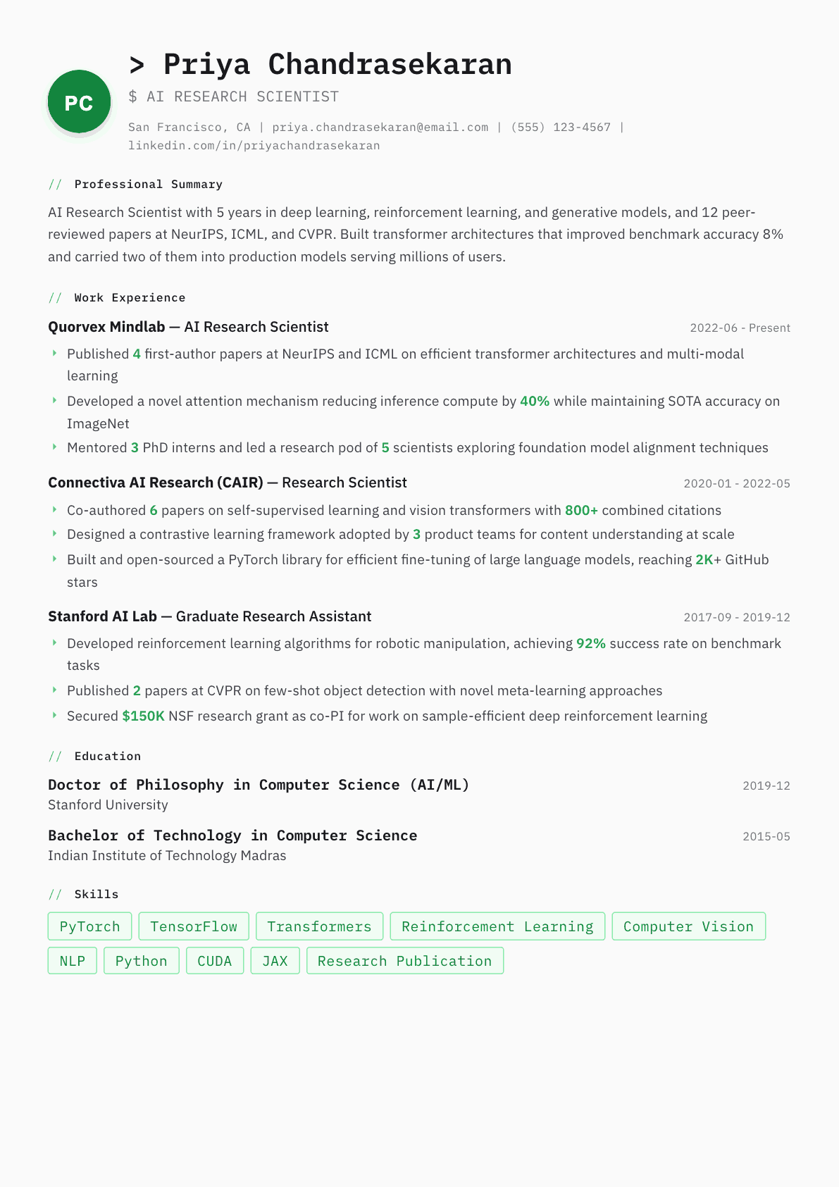 AI Research Scientist resume example, Amsterdam template