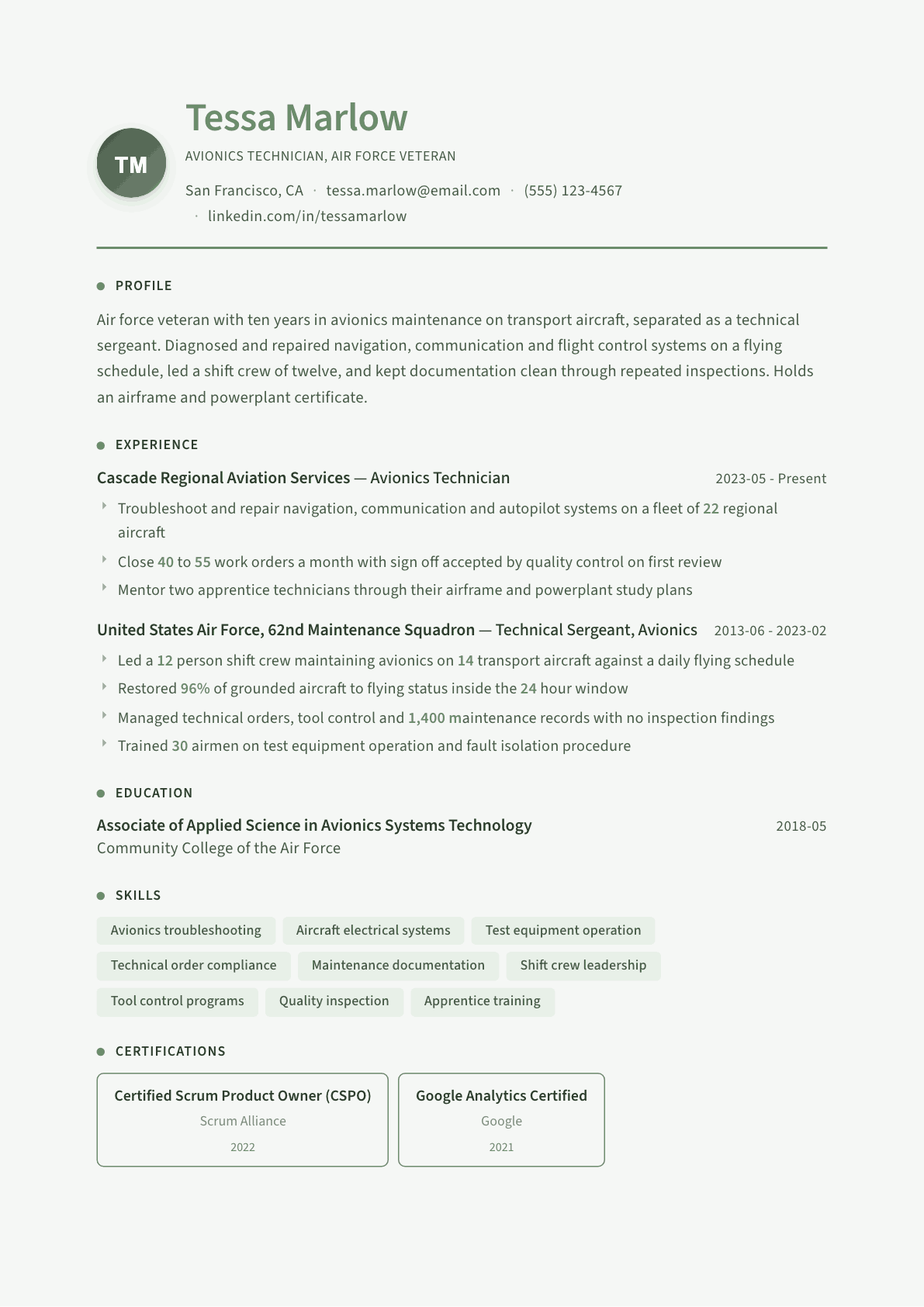 Air Force Veteran resume example, Sage Garden template