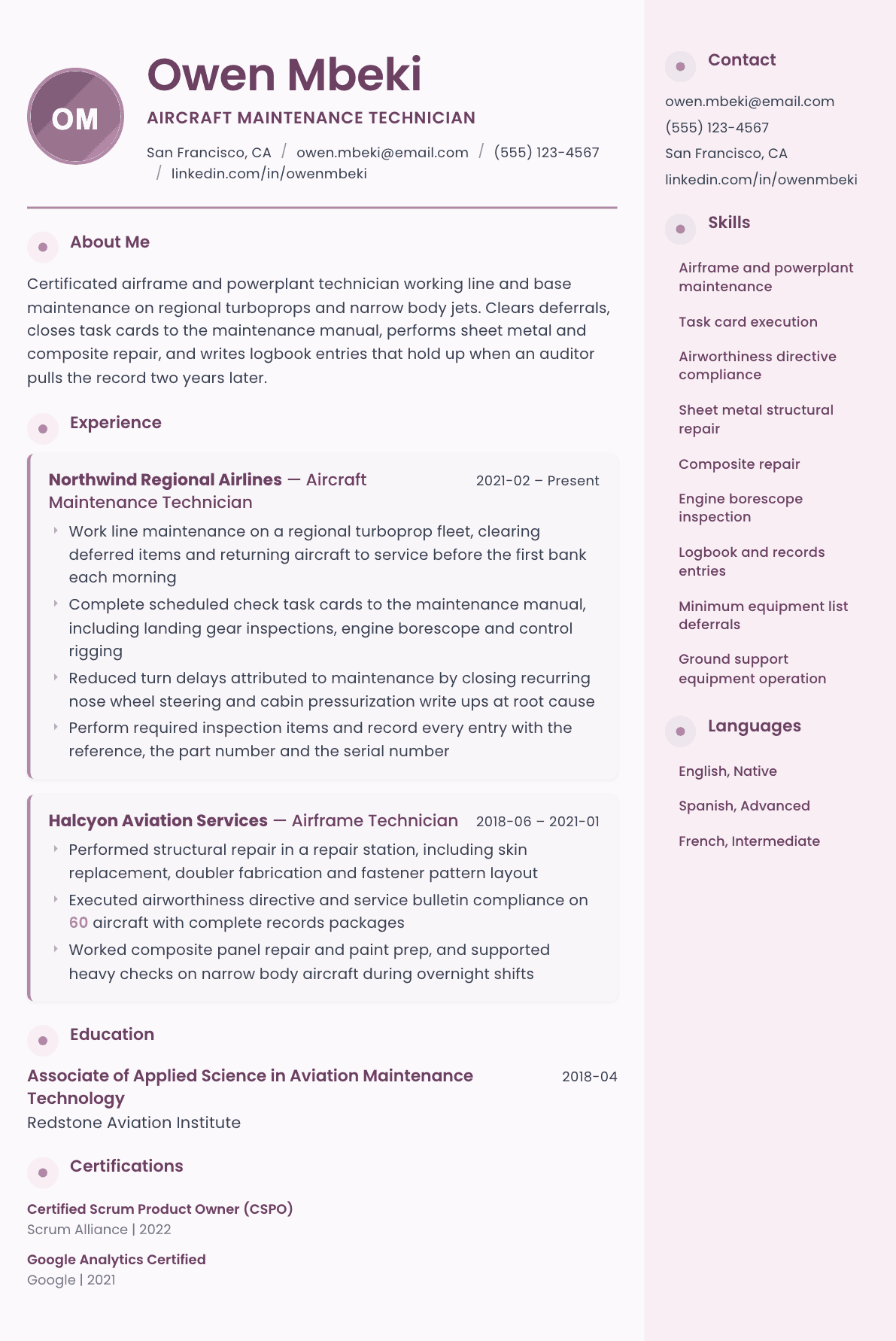Aircraft Maintenance Technician resume example, Bloom template