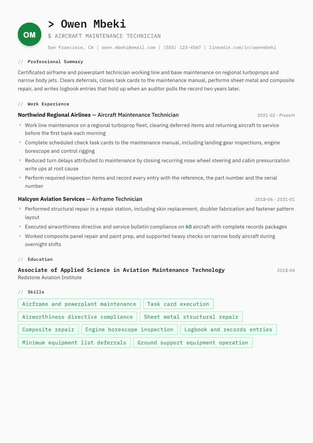 Aircraft Maintenance Technician resume example, Amsterdam template