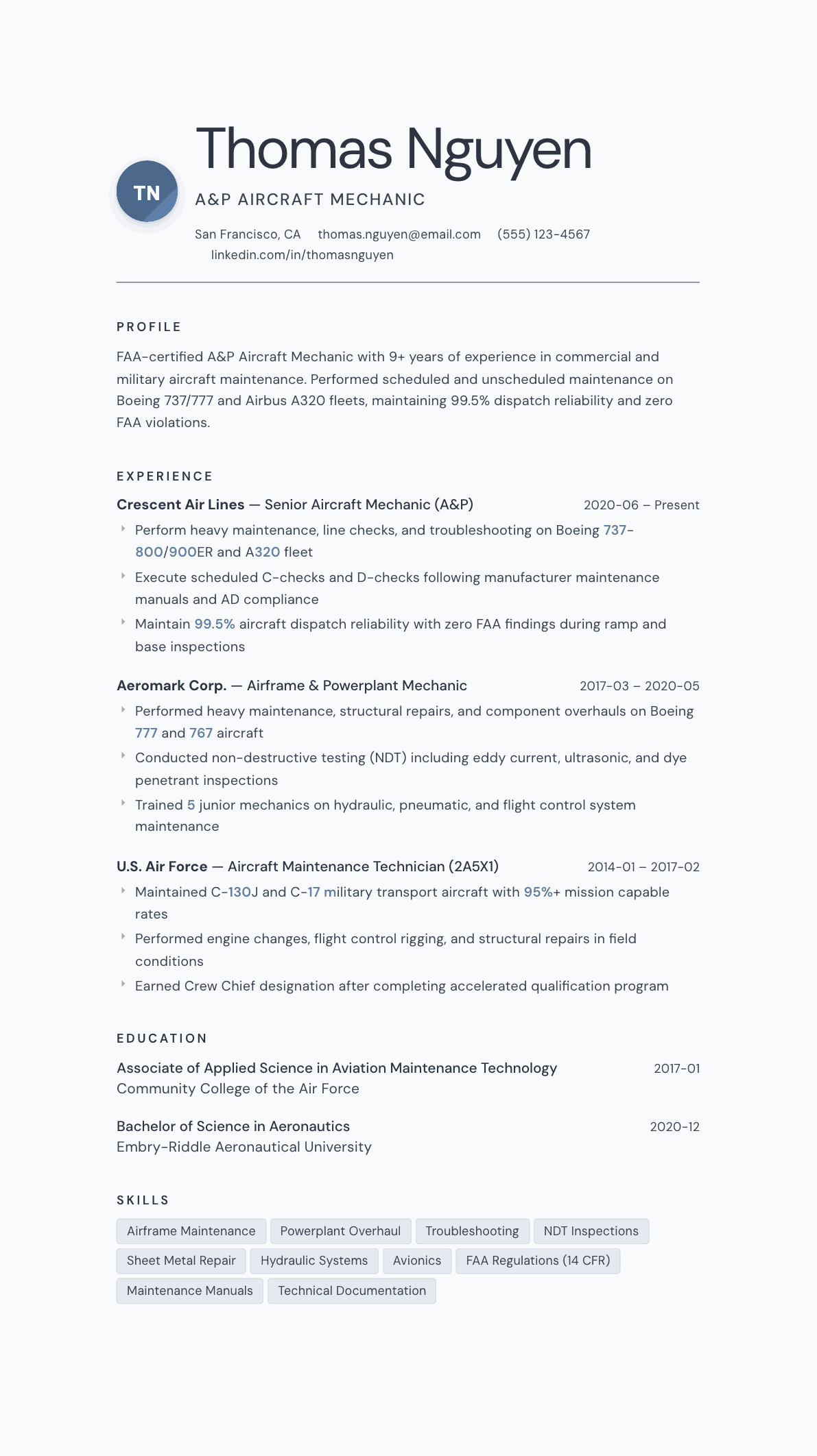 Aircraft Mechanic resume example, Nordic template