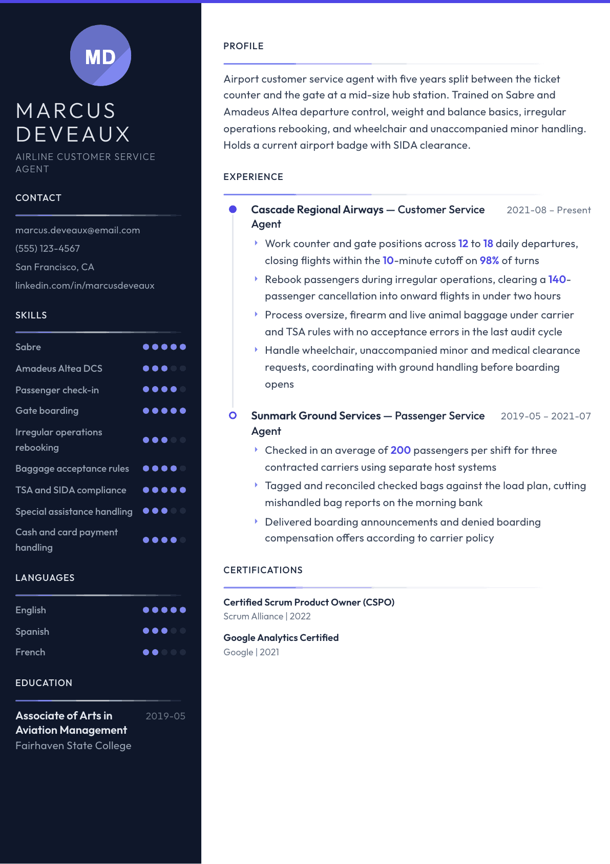 Airline Customer Service Agent resume example, Zenith template