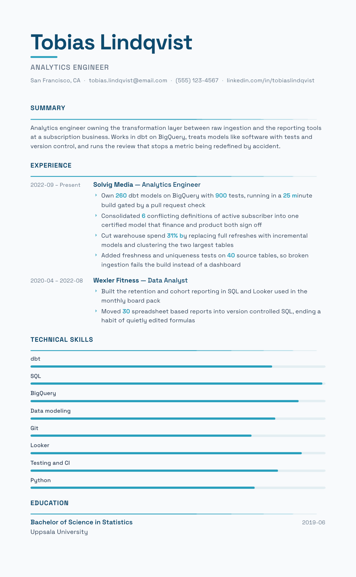 Analytics Engineer resume example, Velocity template