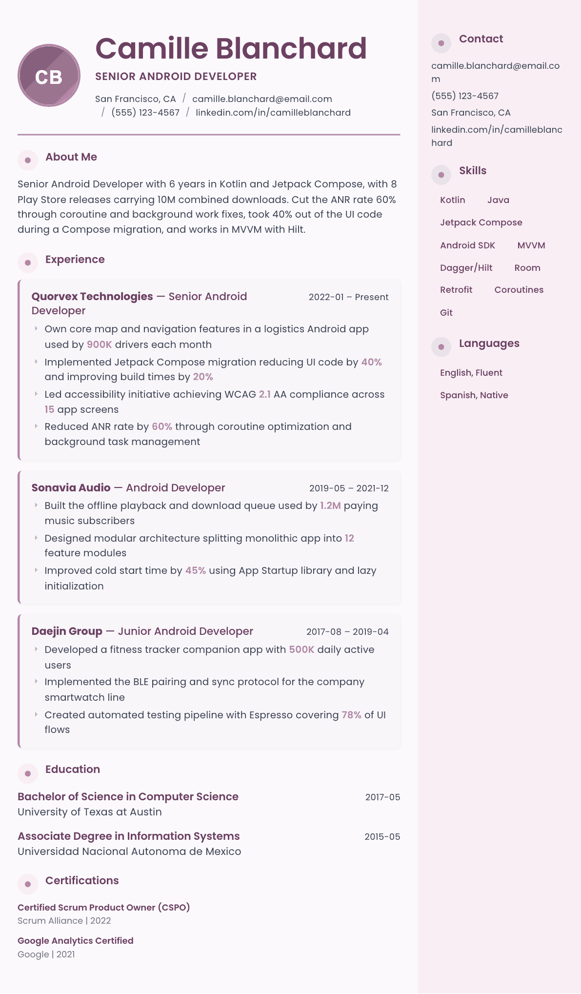 Android Developer resume example, Bloom template