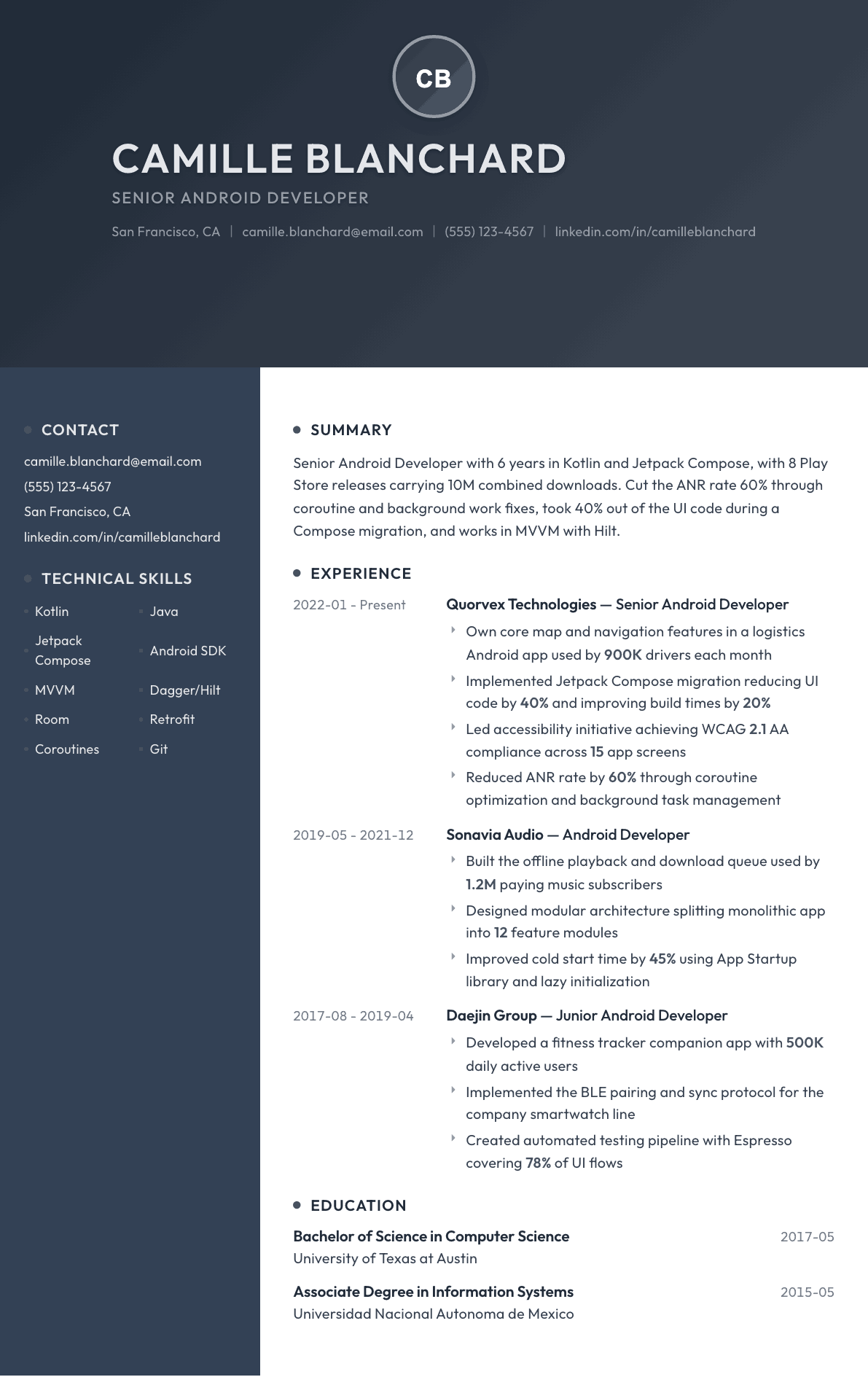 Android Developer resume example, Binary template