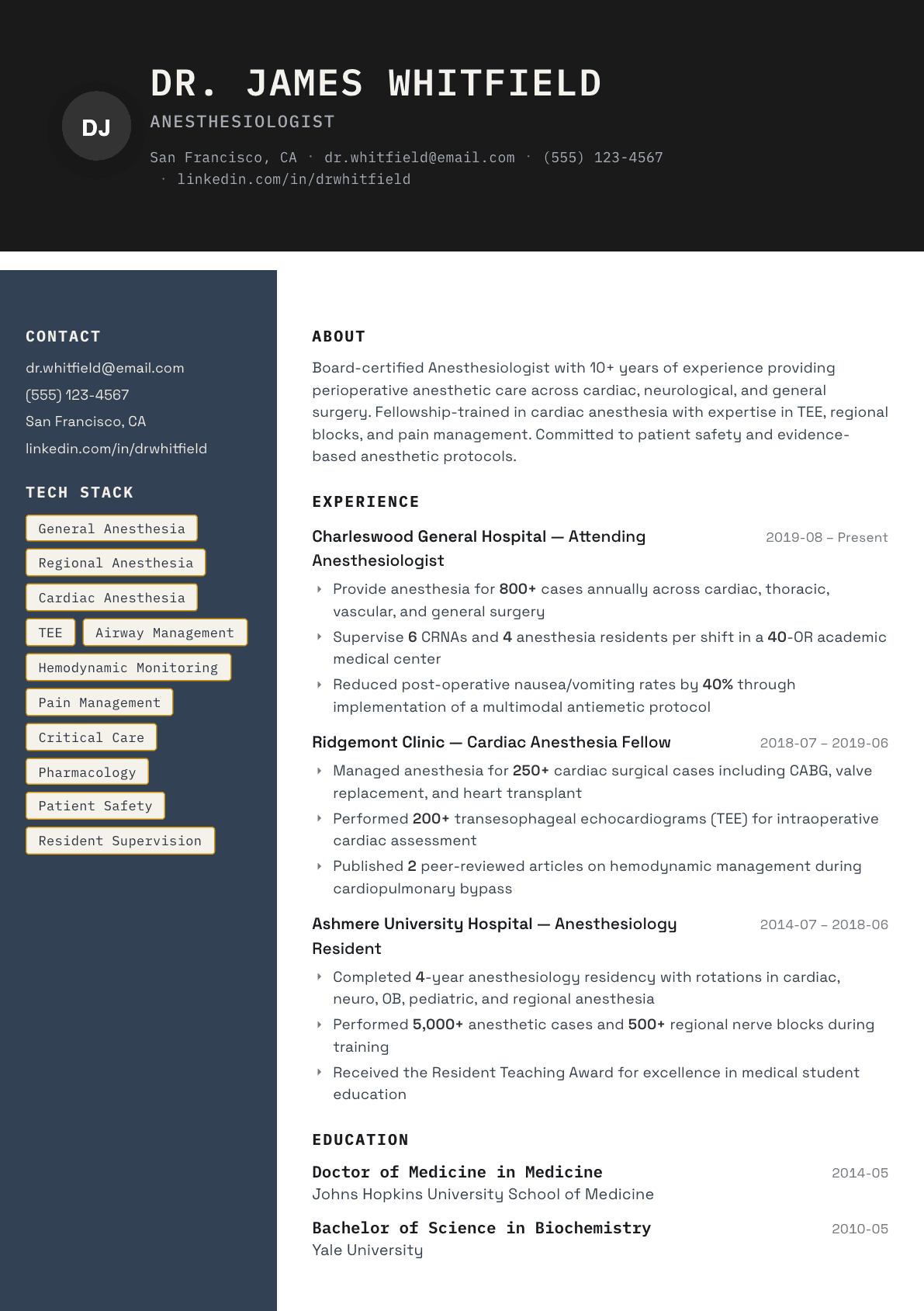 Anesthesiologist resume example, Codebase template