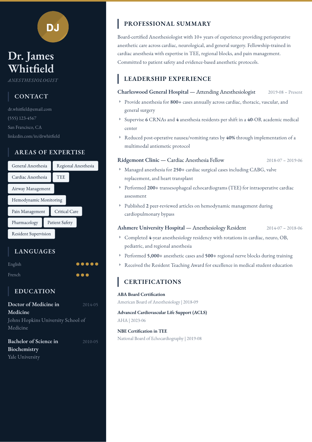 Anesthesiologist resume example, Presidio template