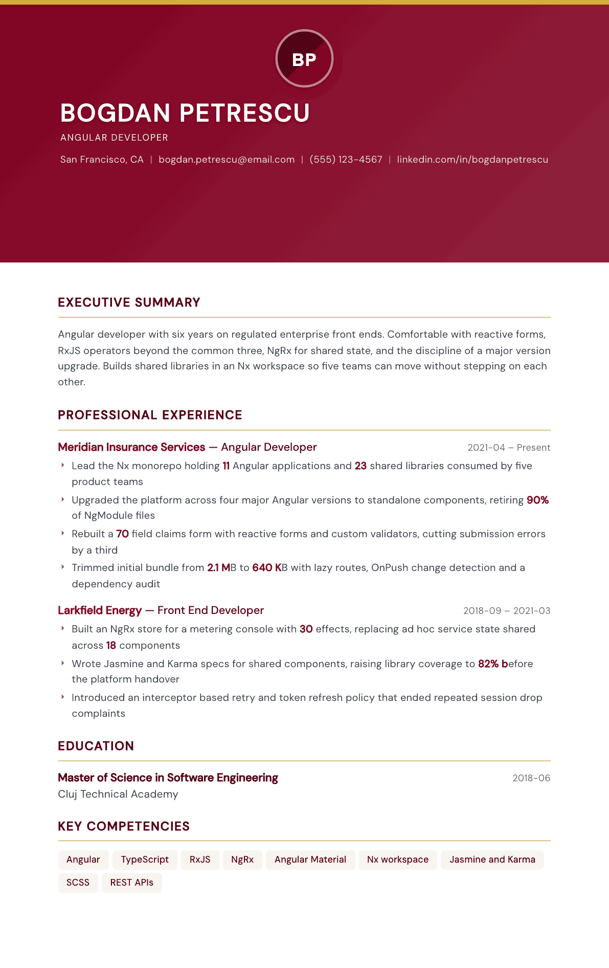 Angular Developer resume example, Viceroy template