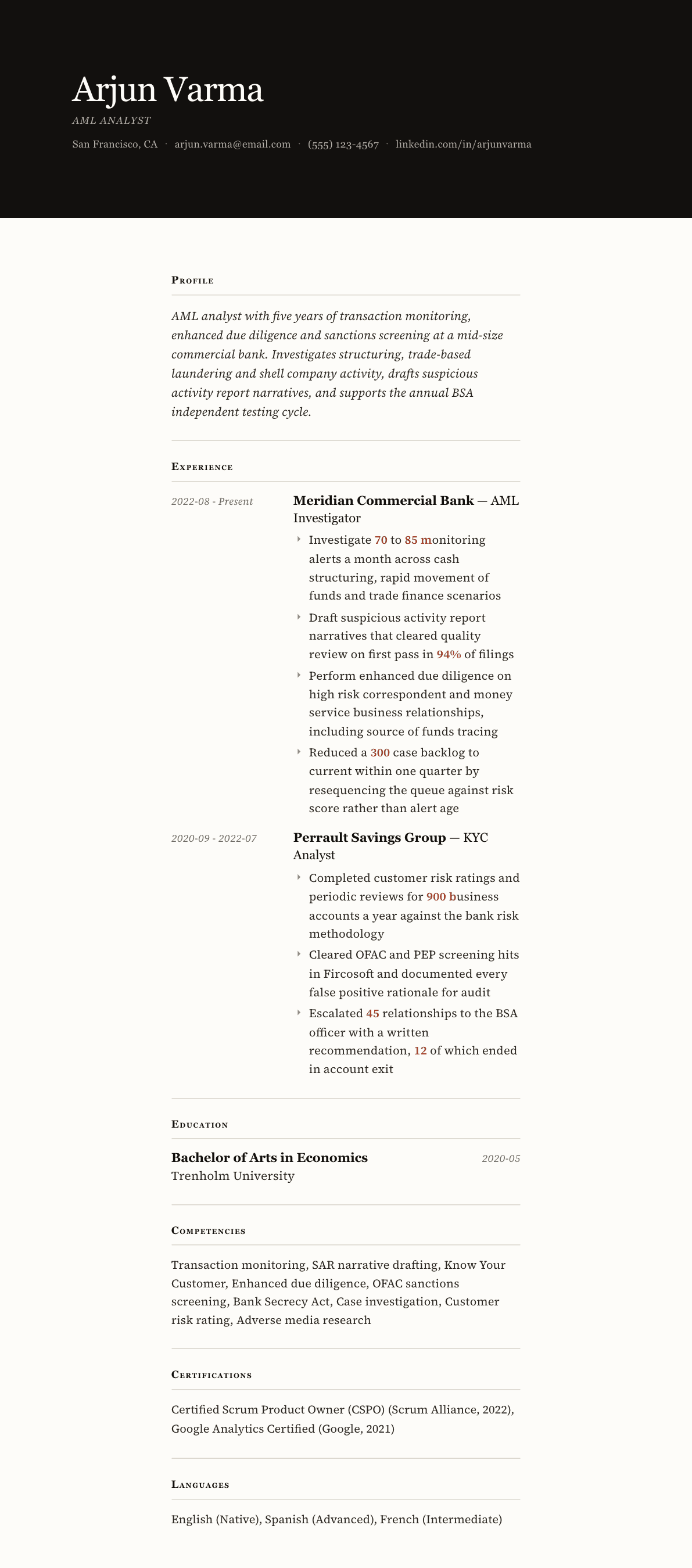 Anti-Money Laundering Analyst resume example, Broadsheet template