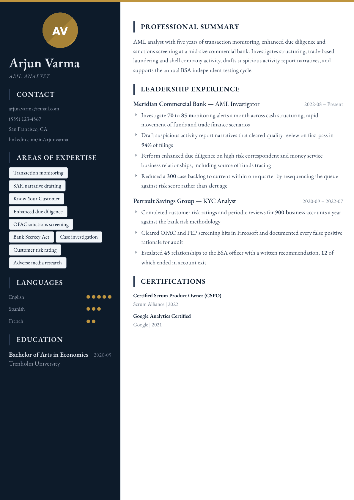 Anti-Money Laundering Analyst resume example, Presidio template