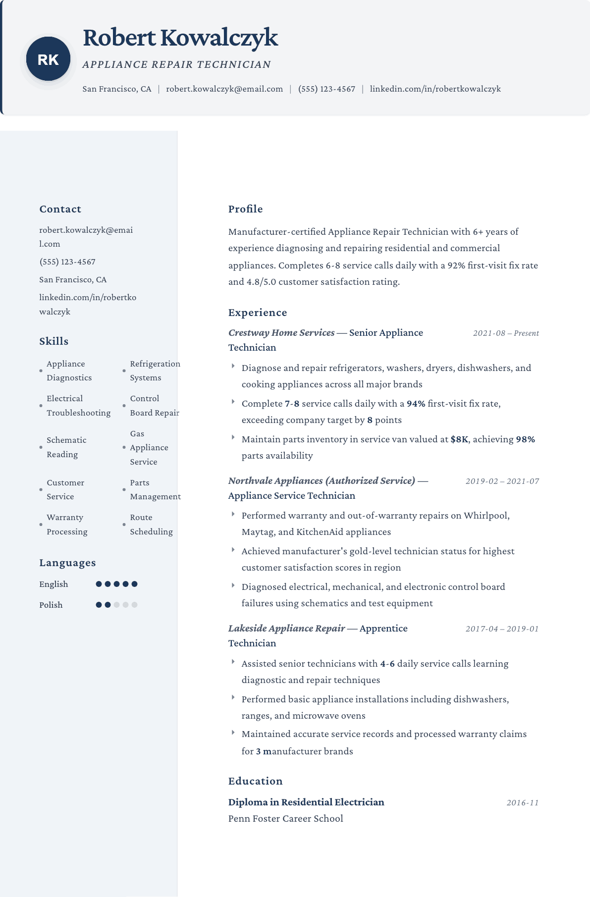 Appliance Repair Technician resume example, Formal template