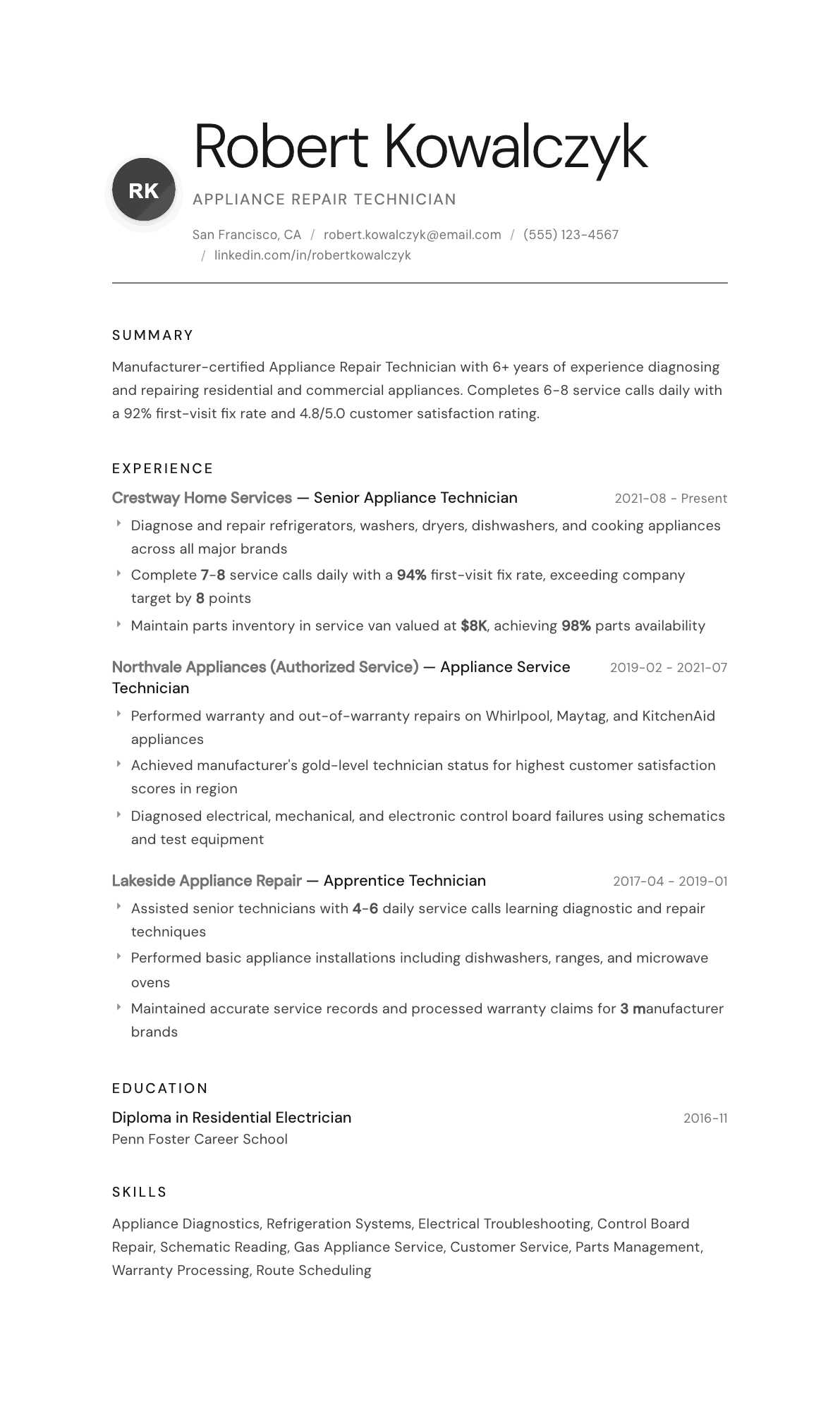 Appliance Repair Technician resume example, Whisper template