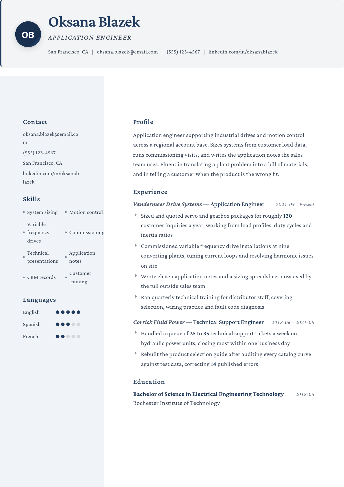 Application Engineer resume example, Formal template