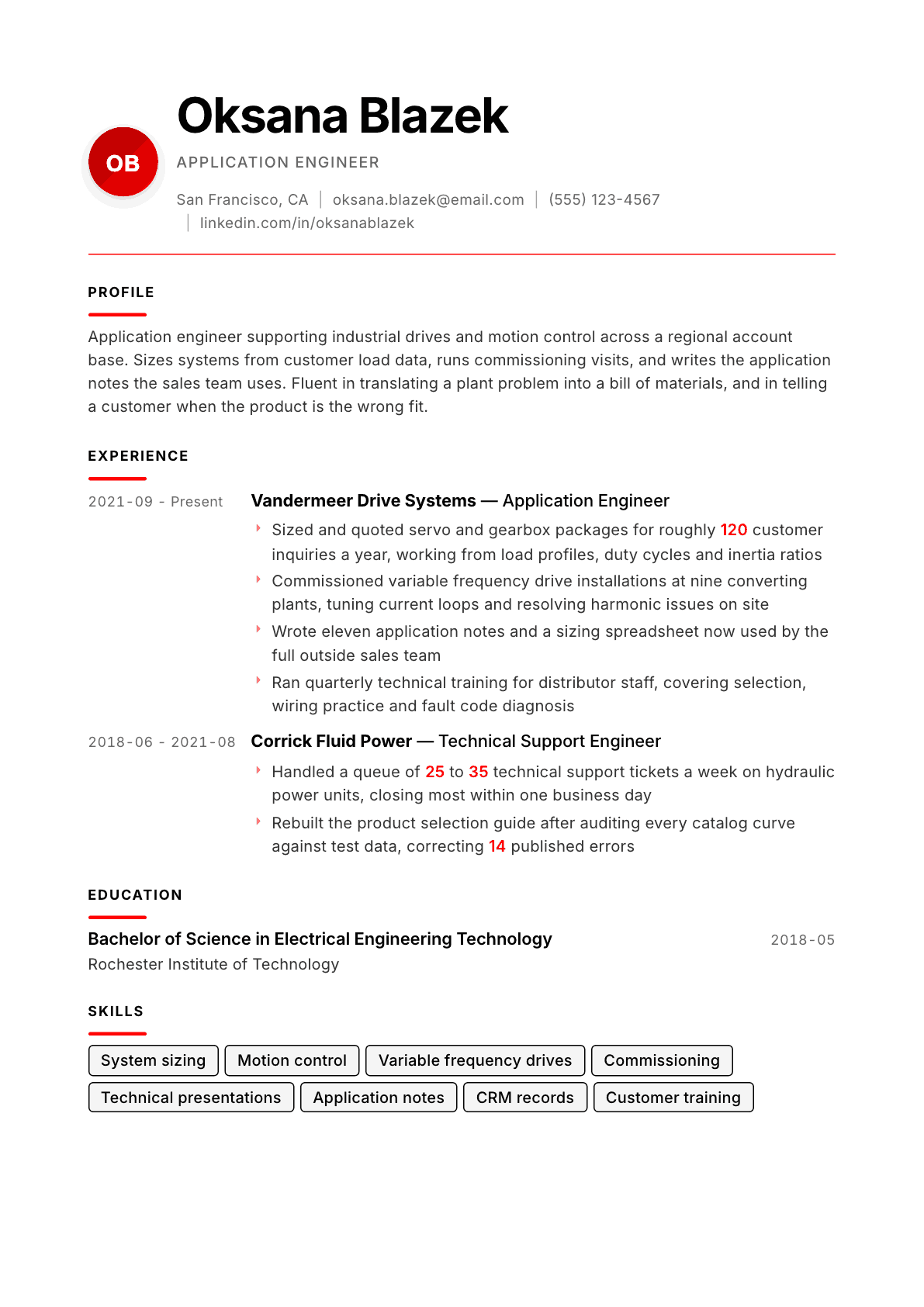 Application Engineer resume example, Swiss Modernist template