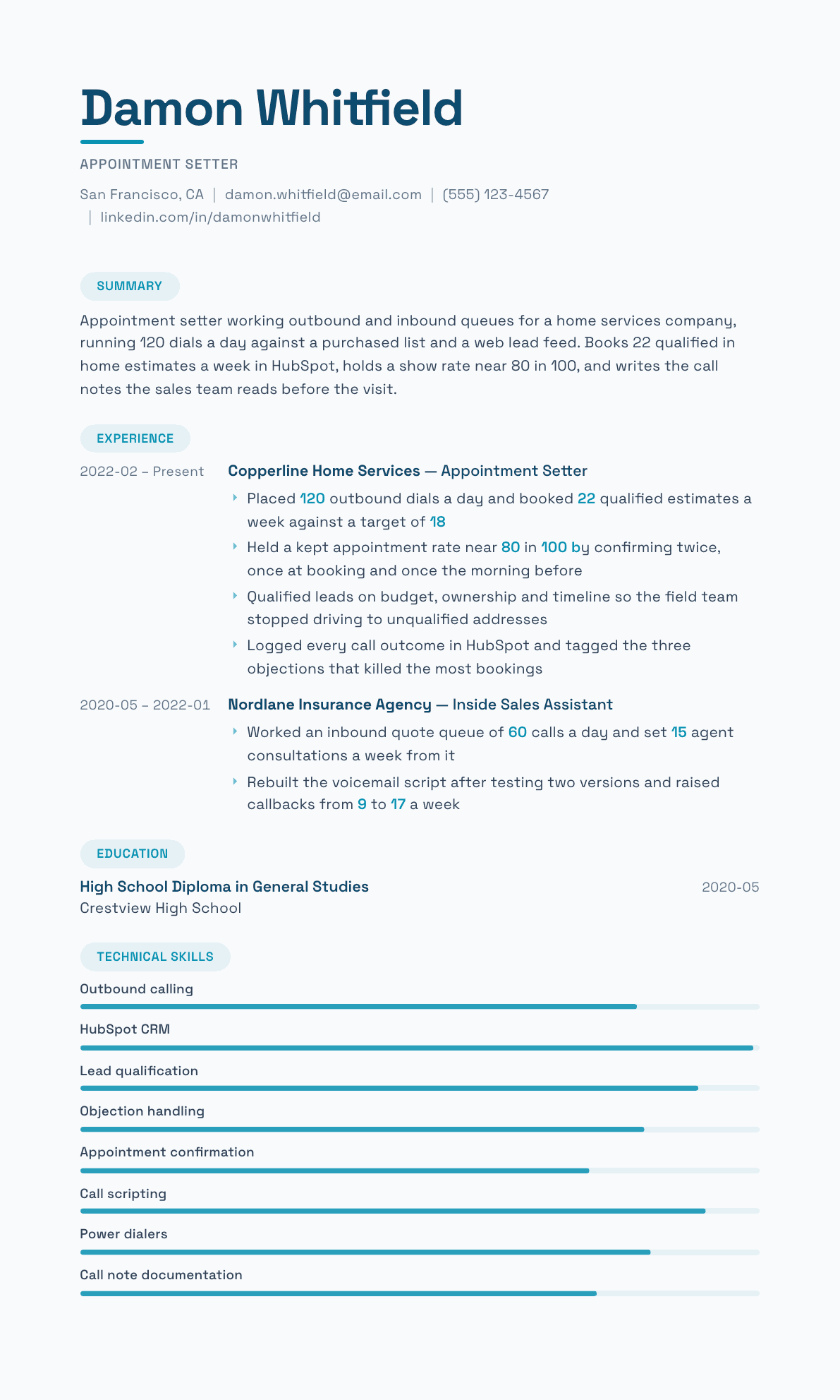 Appointment Setter resume example, Horizon template