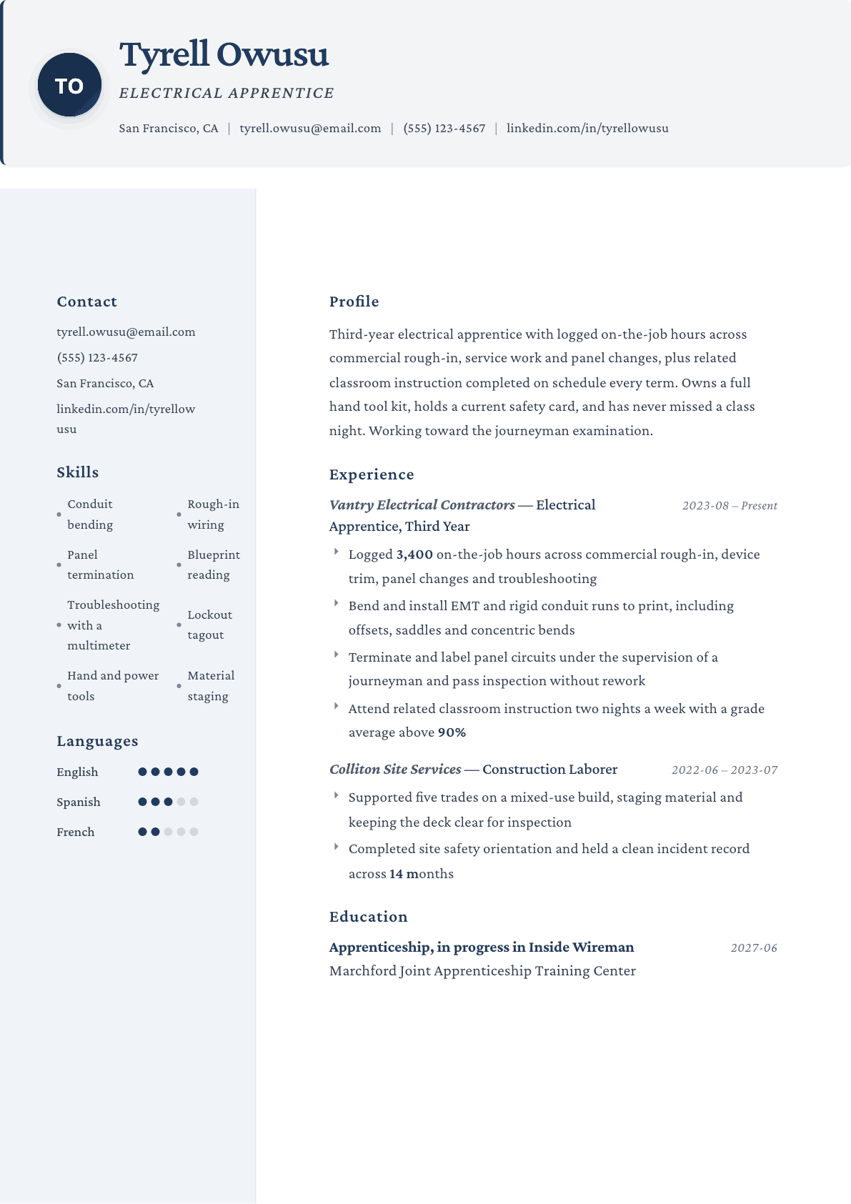 Apprentice resume example, Formal template