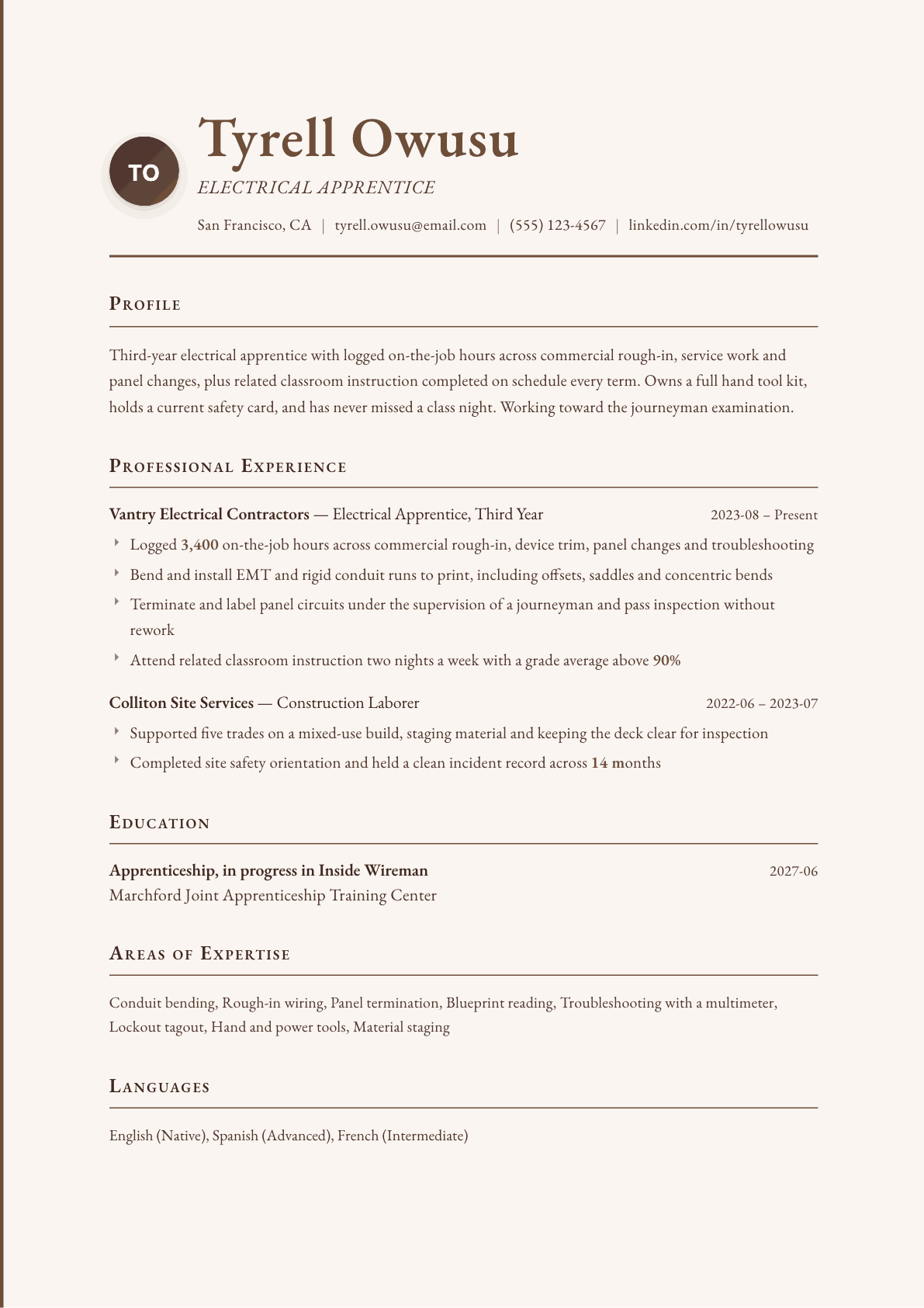 Apprentice resume example, Vintage template