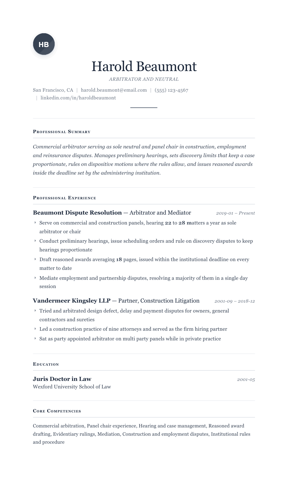 Arbitrator resume example, Cornerstone template