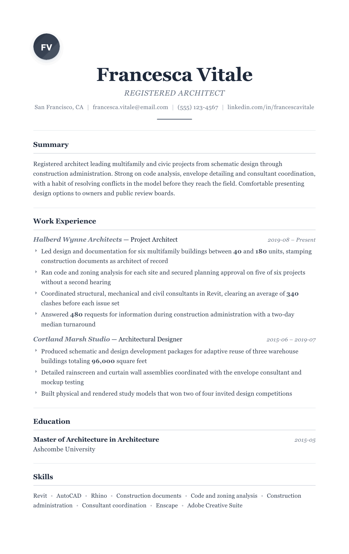 Architect resume example, Classic template